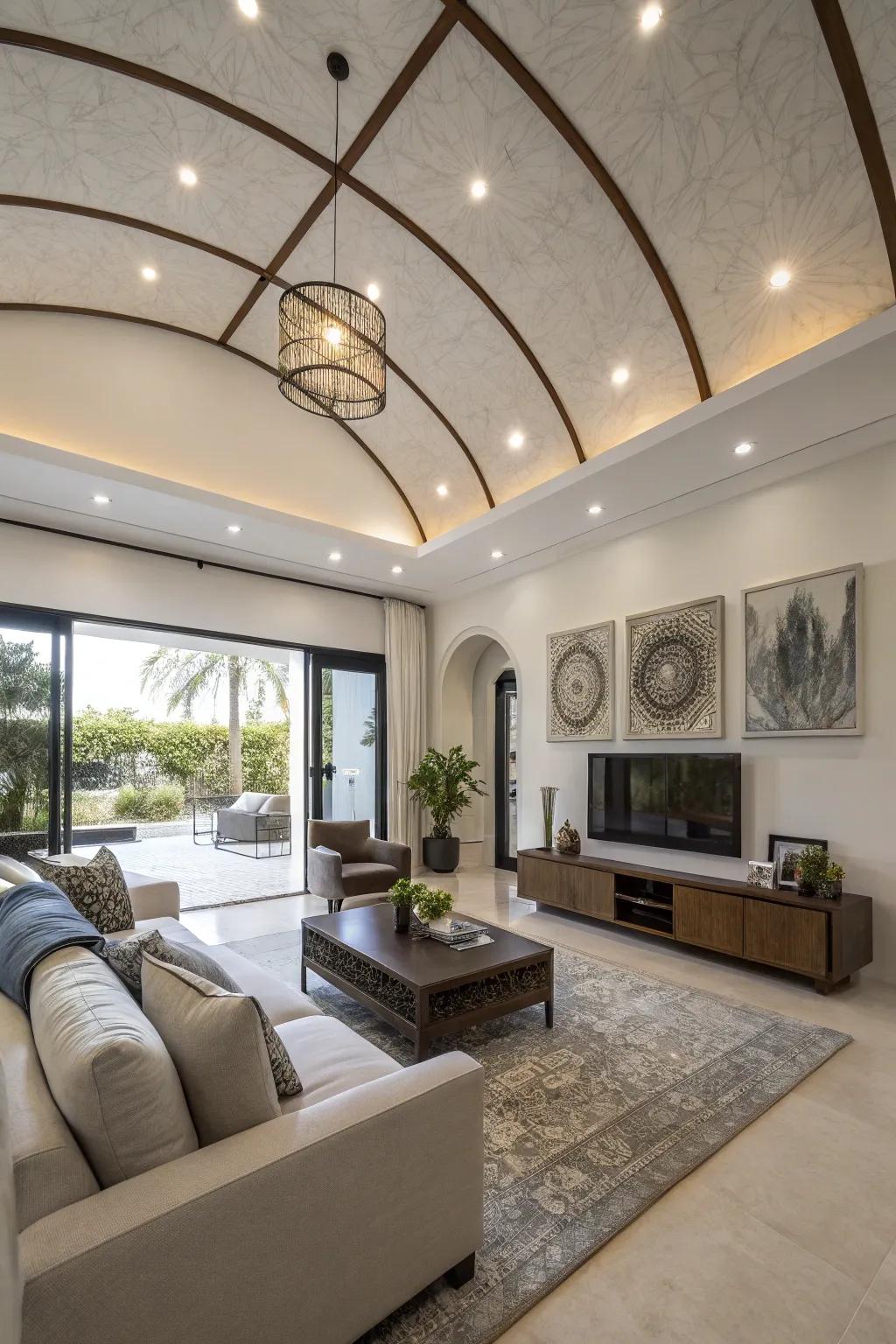 A modern living room with recessed lighting in the barrel ceiling.