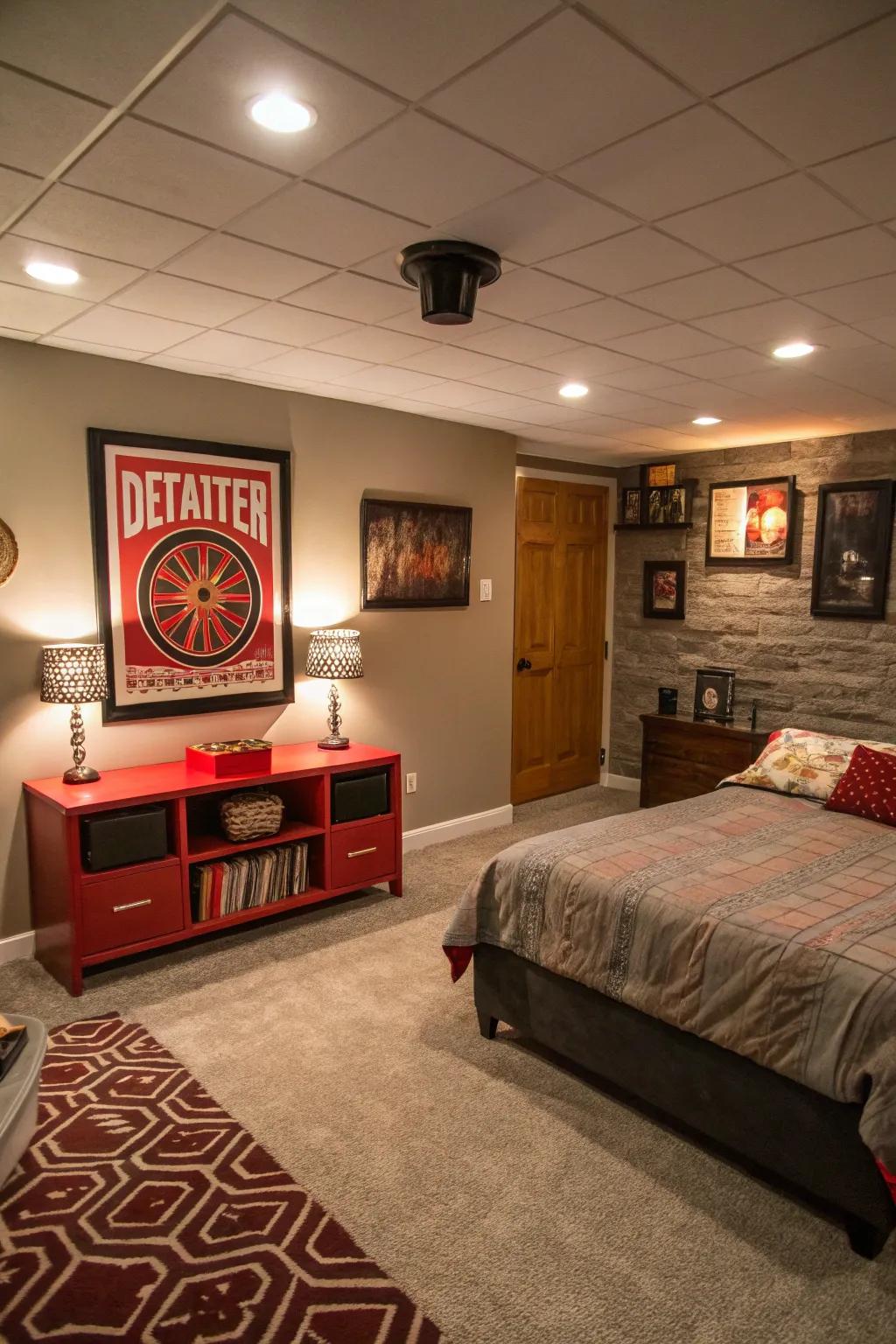 Statement pieces can add personality and focus to a basement bedroom.