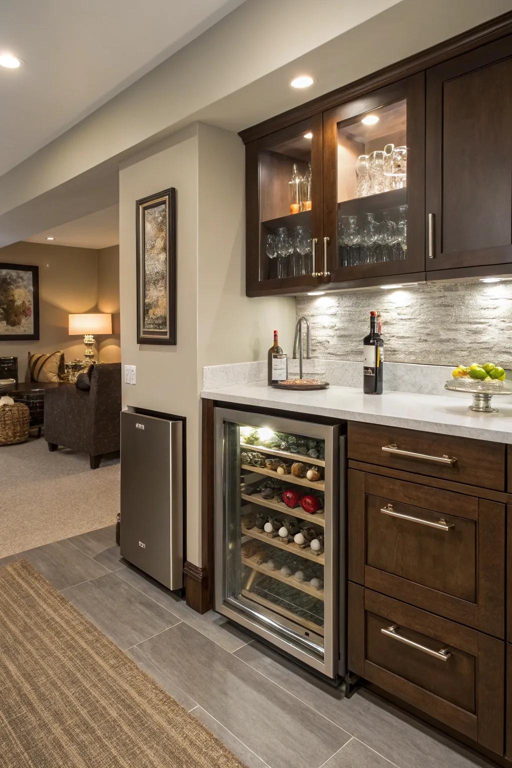 A wine fridge is a stylish and practical addition for wine enthusiasts.