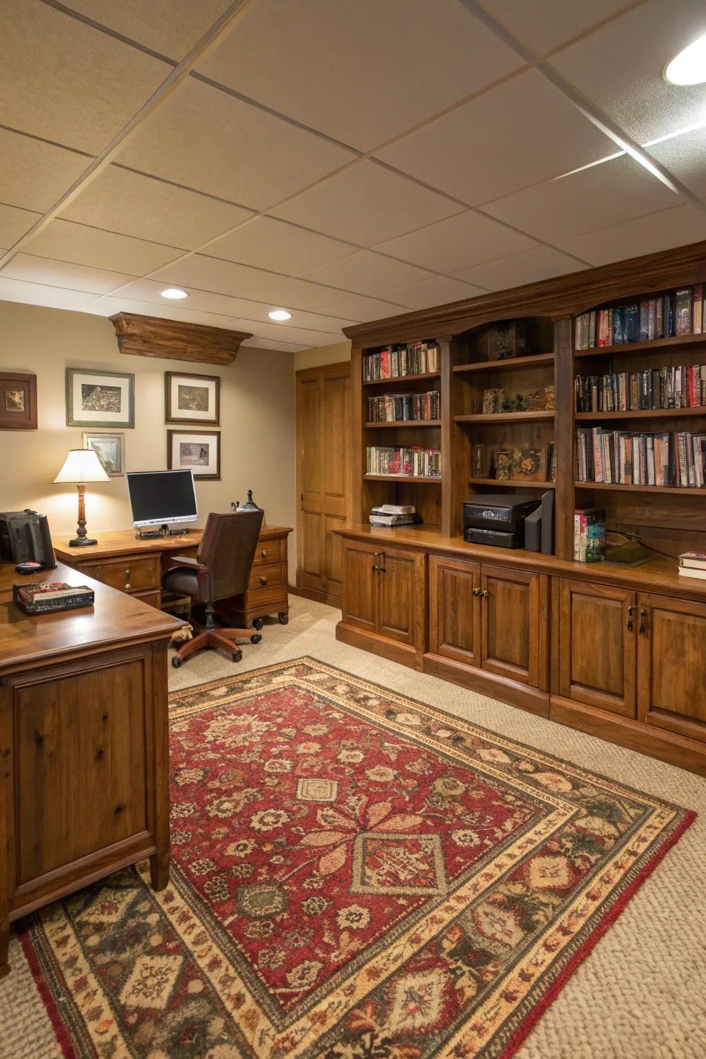 A cozy rug enhances comfort and style in your basement office.