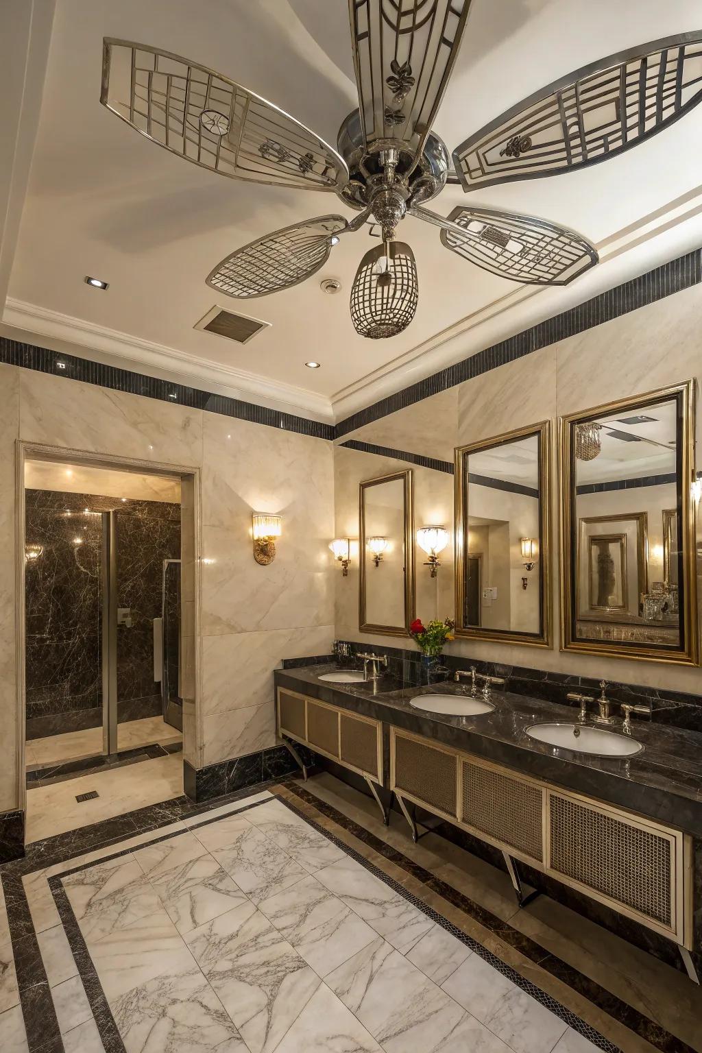 An Art Deco-inspired bathroom with a luxurious ceiling fan.