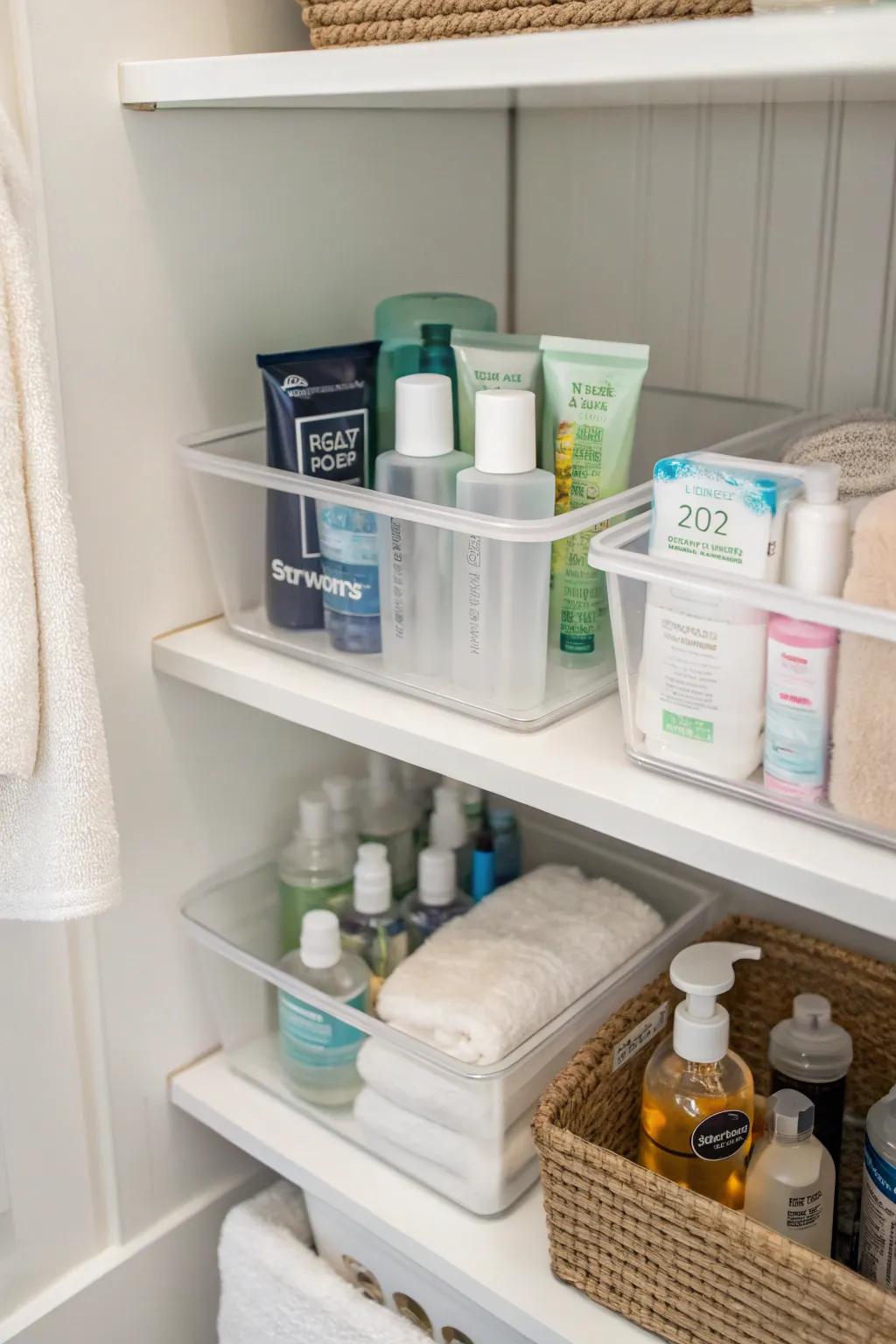 Clear bins on shelves for easy access to toiletries.