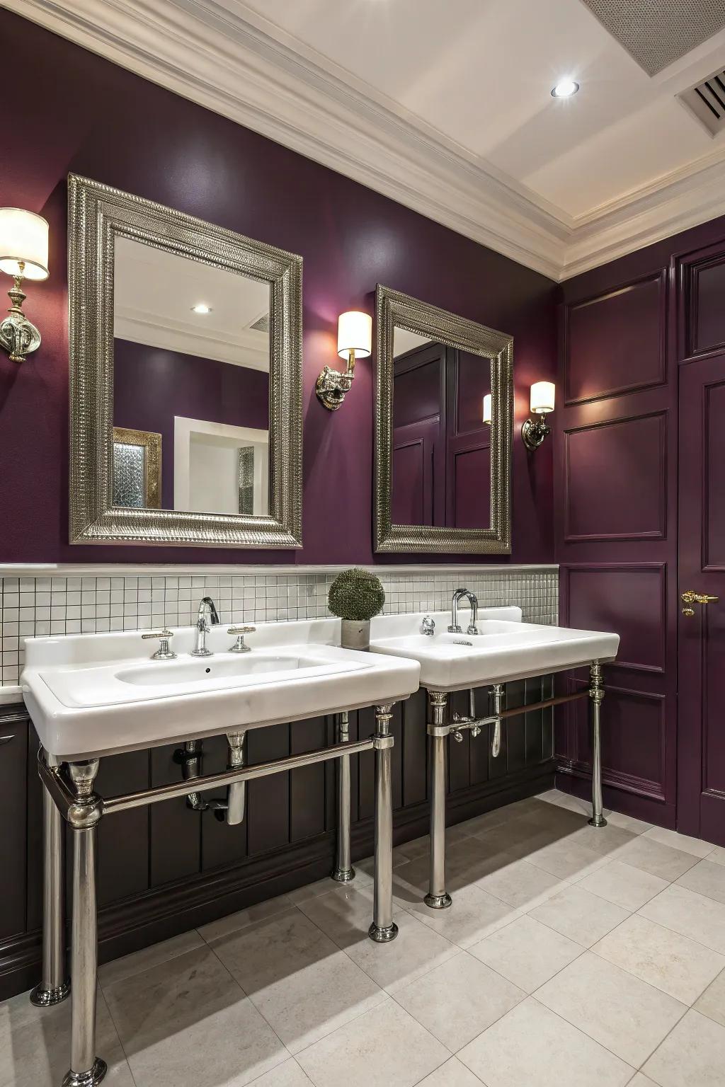 Plum walls add a regal touch of elegance to the bathroom.