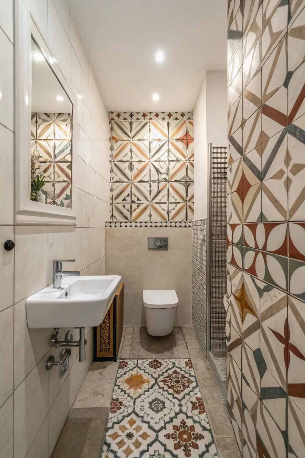 Geometric patterns bring a modern flair to bathroom designs.