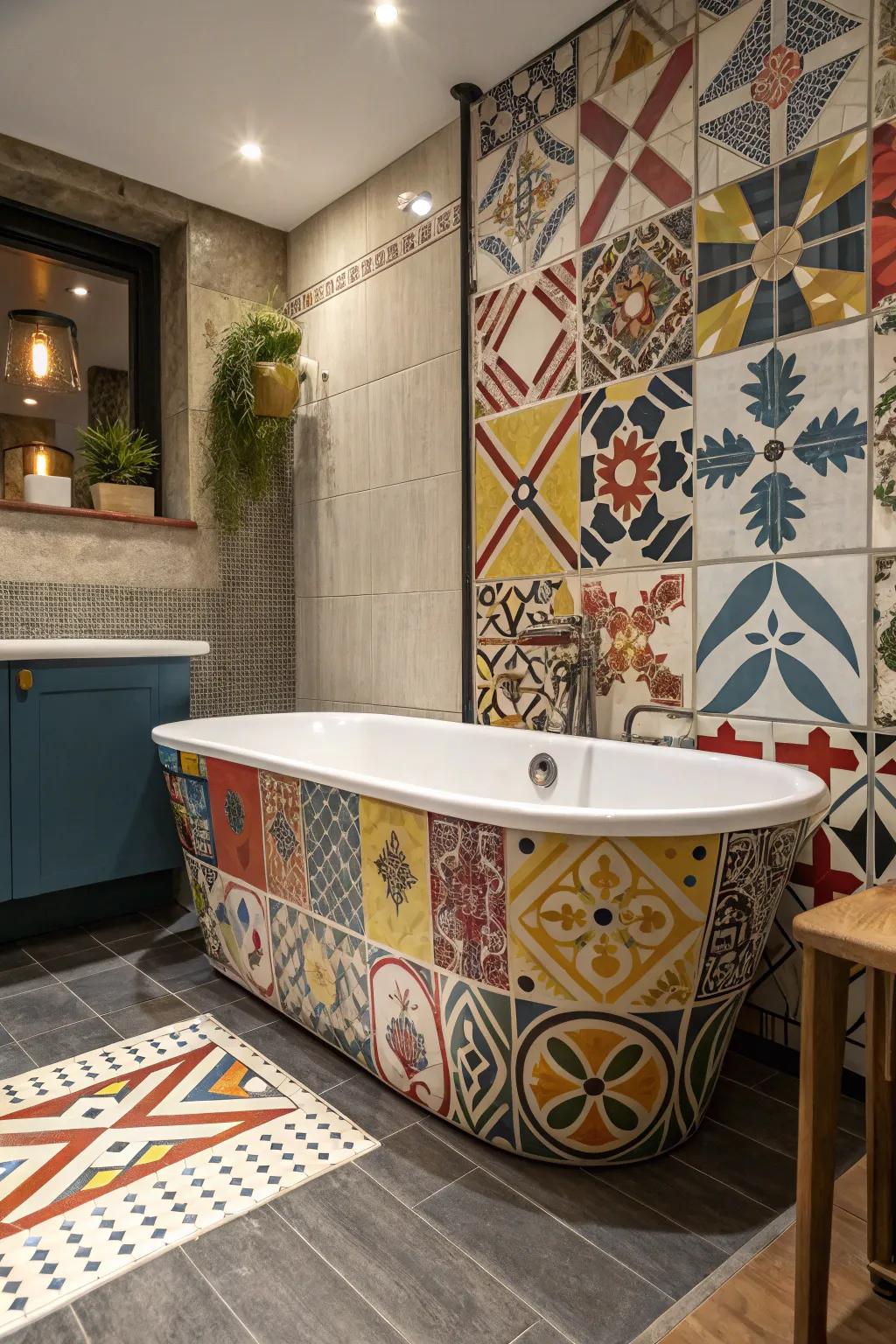 Create an artistic statement with eclectic tile combinations.