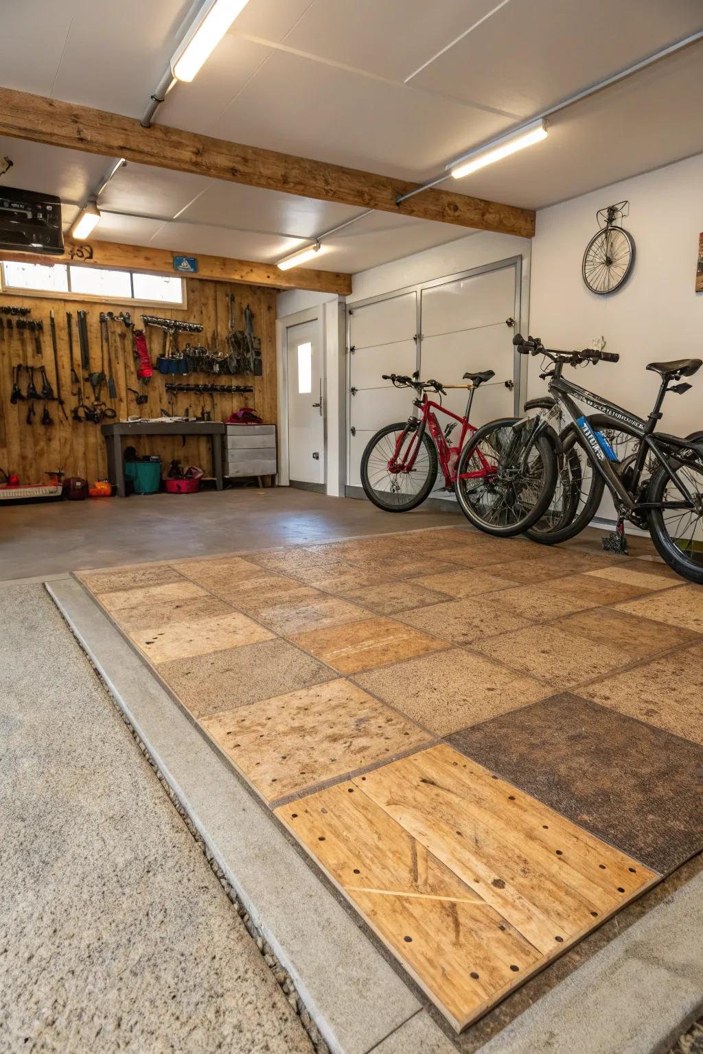 Eco-friendly flooring adds warmth and style to the garage.