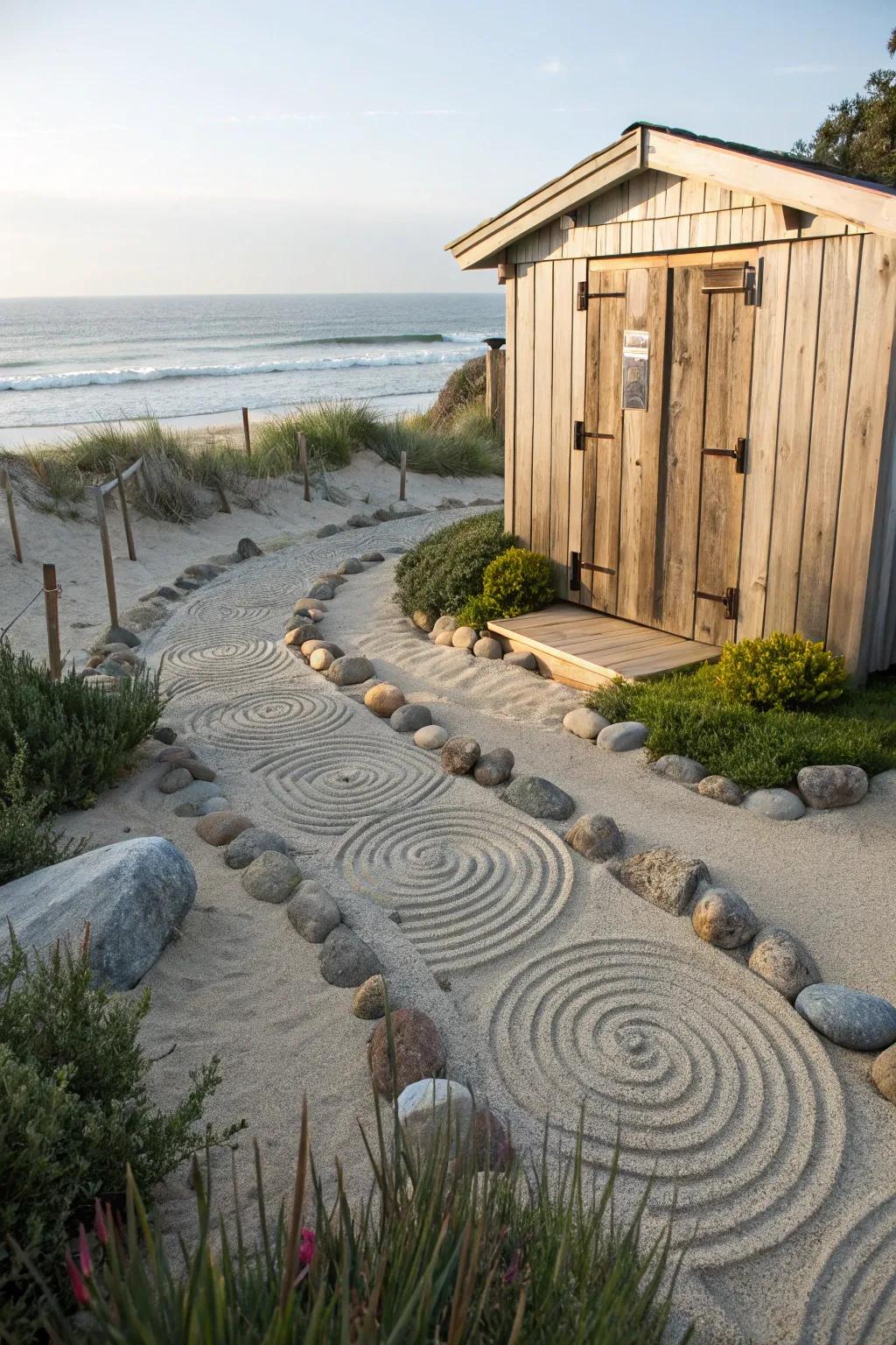 A sand and pebble zen garden offers tranquility beside the beach shed.