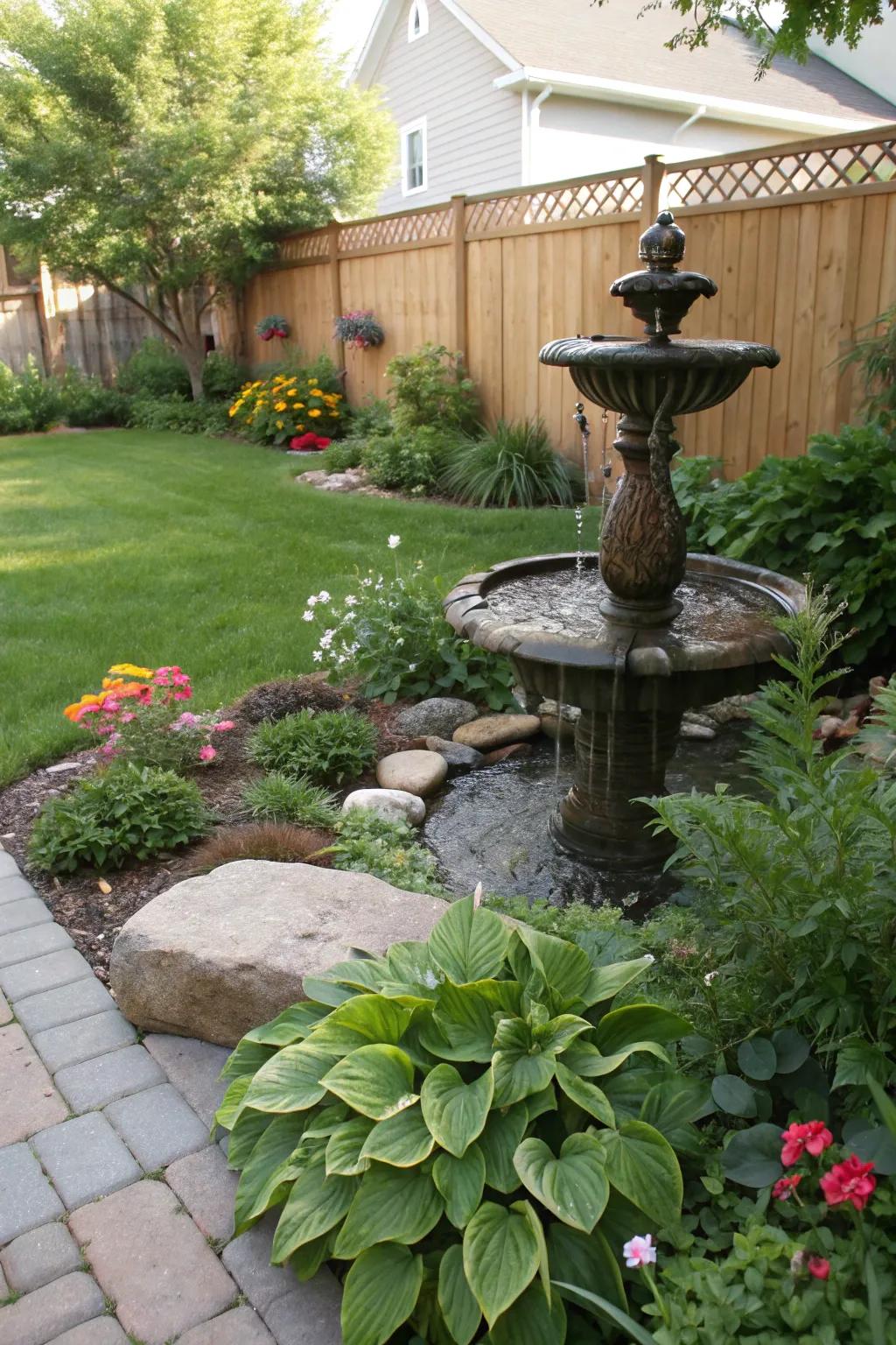 A soothing water feature enhancing the garden's tranquility.