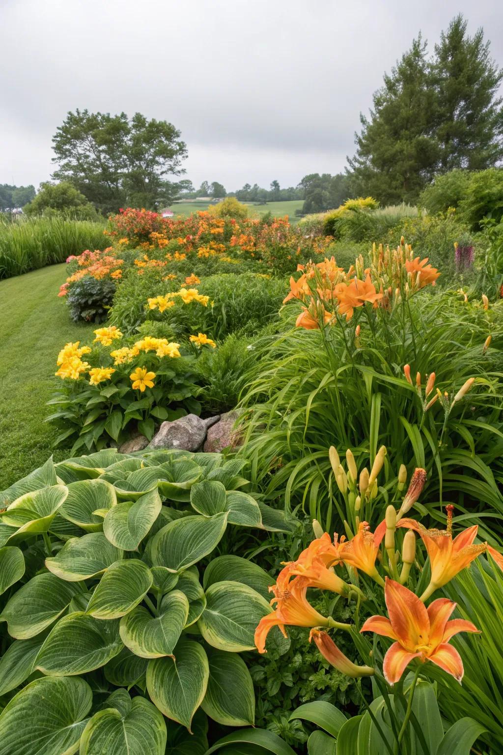 A perennial garden featuring lush hostas and vibrant daylilies.