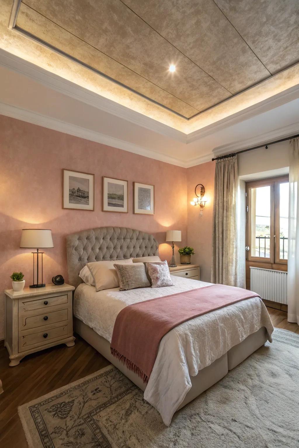 A soft-colored ceiling adds a surprising twist to this bedroom.