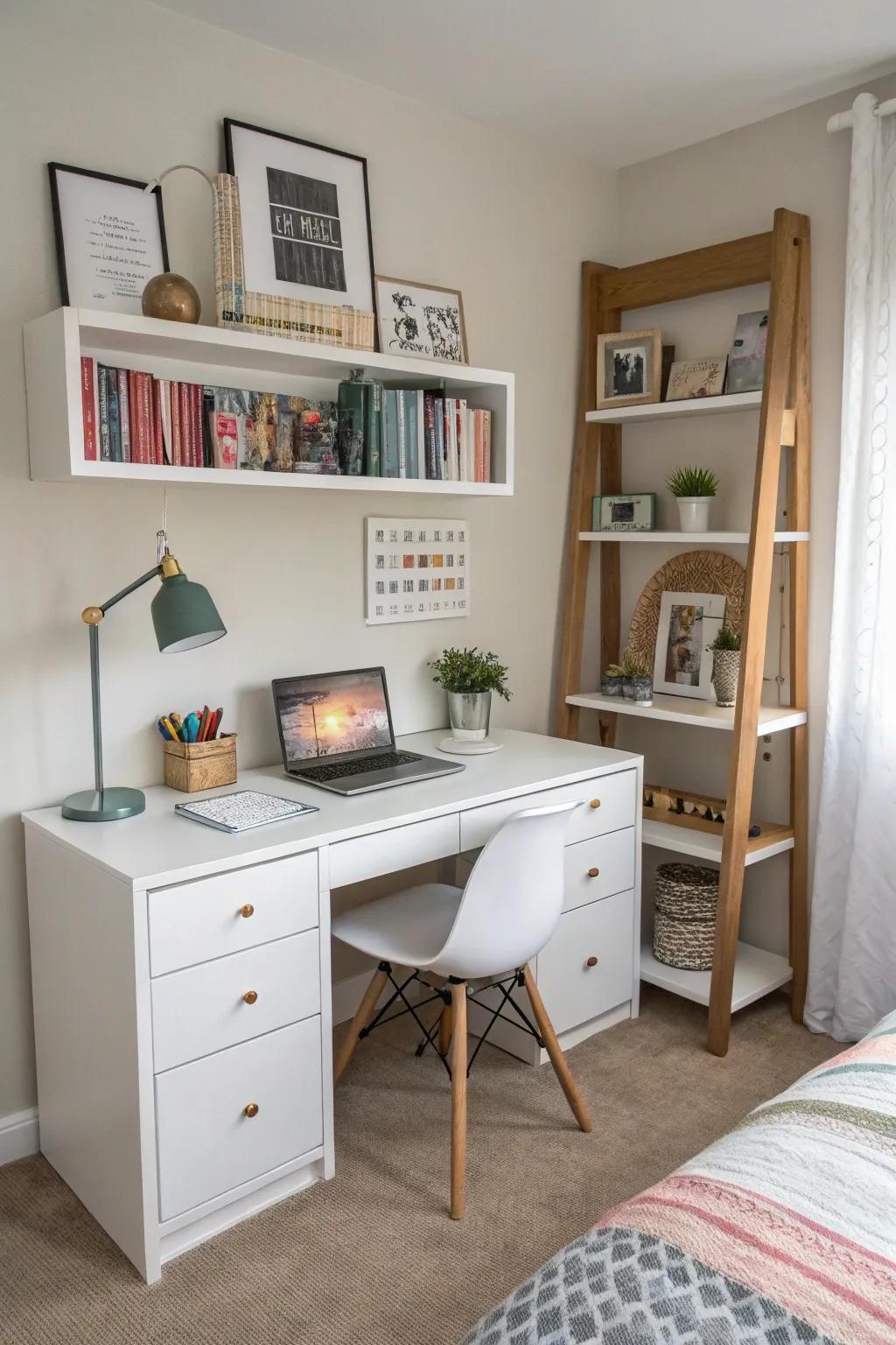 Combine desk and shelving for vertical efficiency.