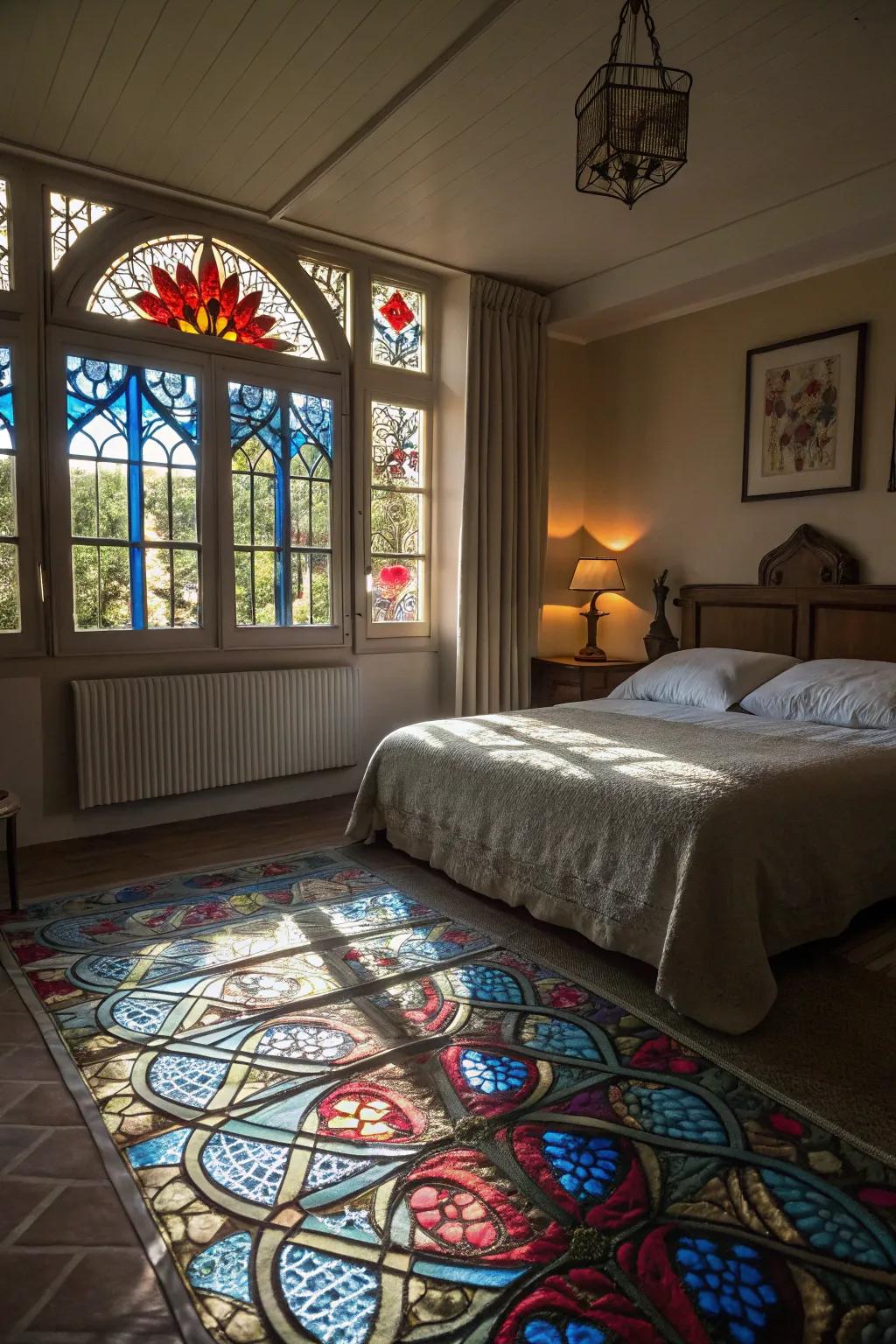 Stained glass windows add an artistic splash of color and light.