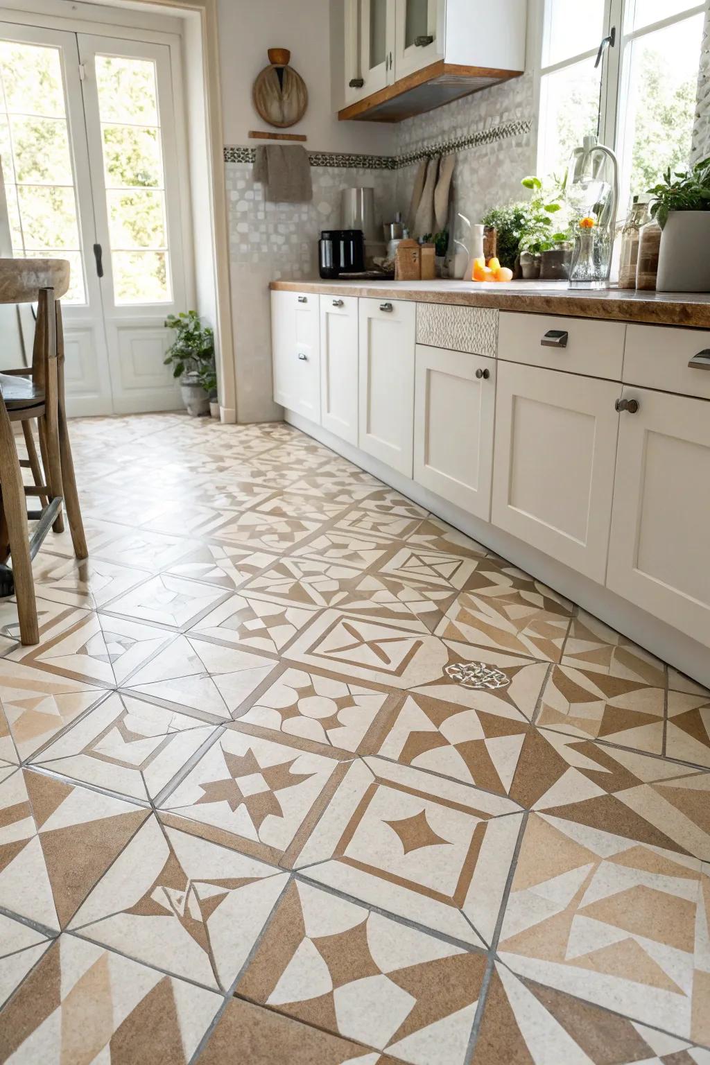Geometric tiles add a modern, unique touch to the kitchen.