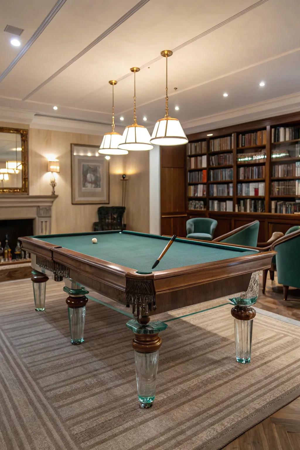 Transparent elements like glass legs add a modern touch to a billiard room.