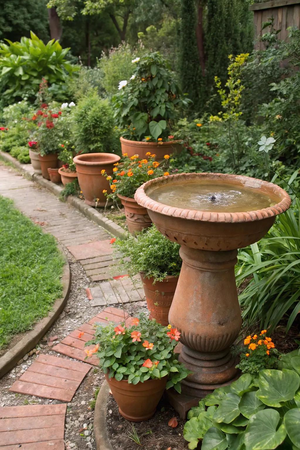 A terracotta bird bath nestled among similar pots, offering a rustic and harmonious garden look.