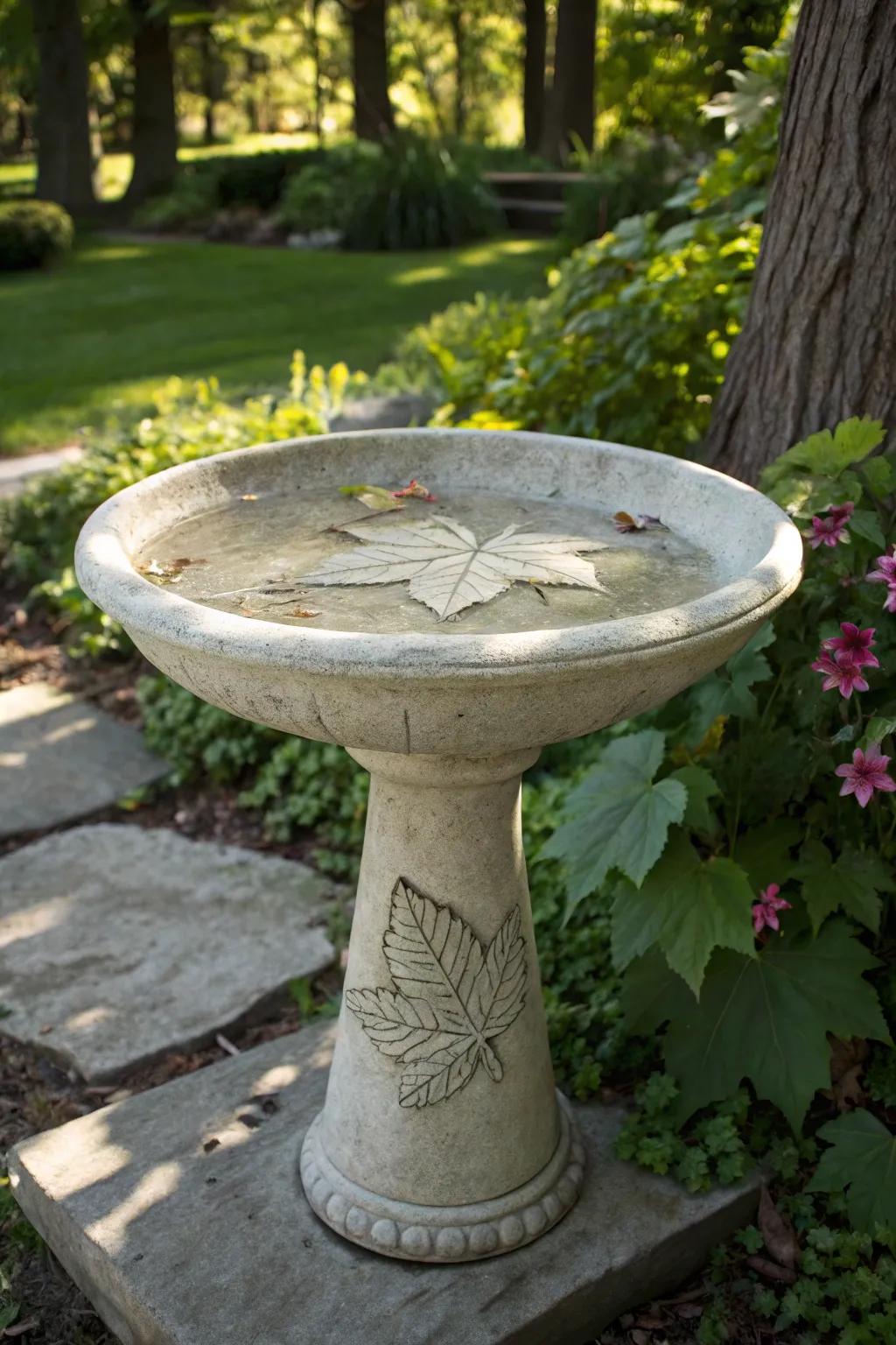 A leaf-imprinted bird bath blending art and nature.