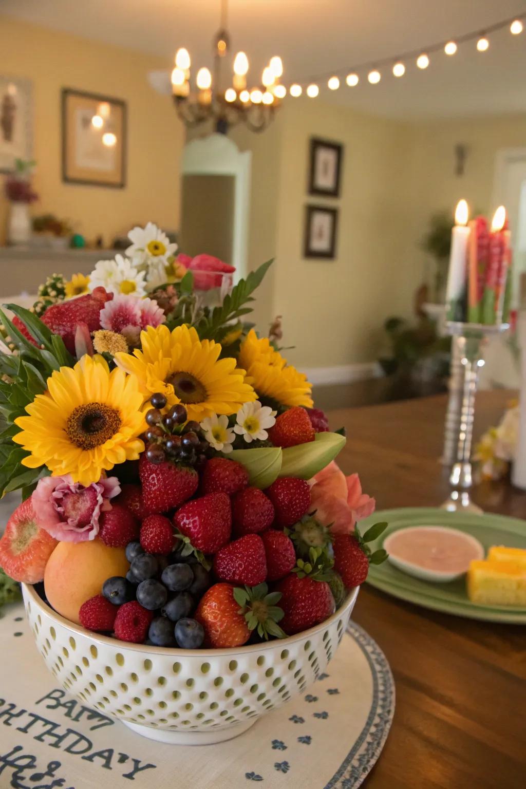 Fruit and floral combinations create a fresh and vibrant centerpiece.