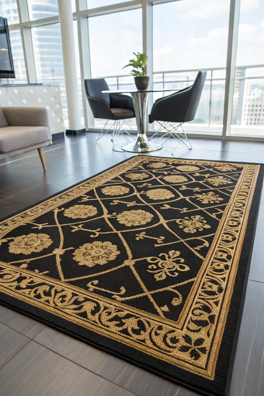 A black and gold rug adds warmth and style to your office decor.