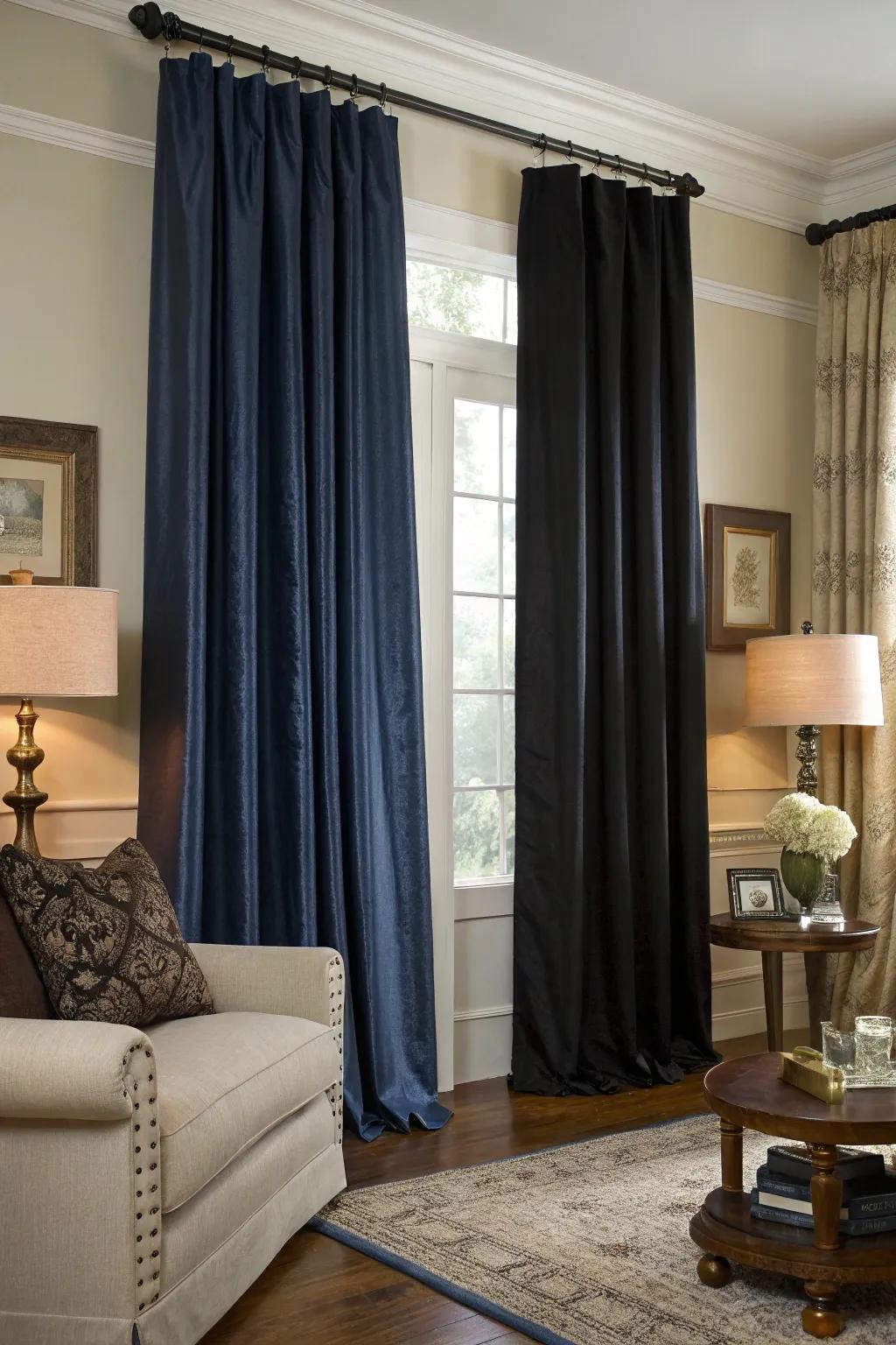 Navy and black curtains add luxury and elegance.