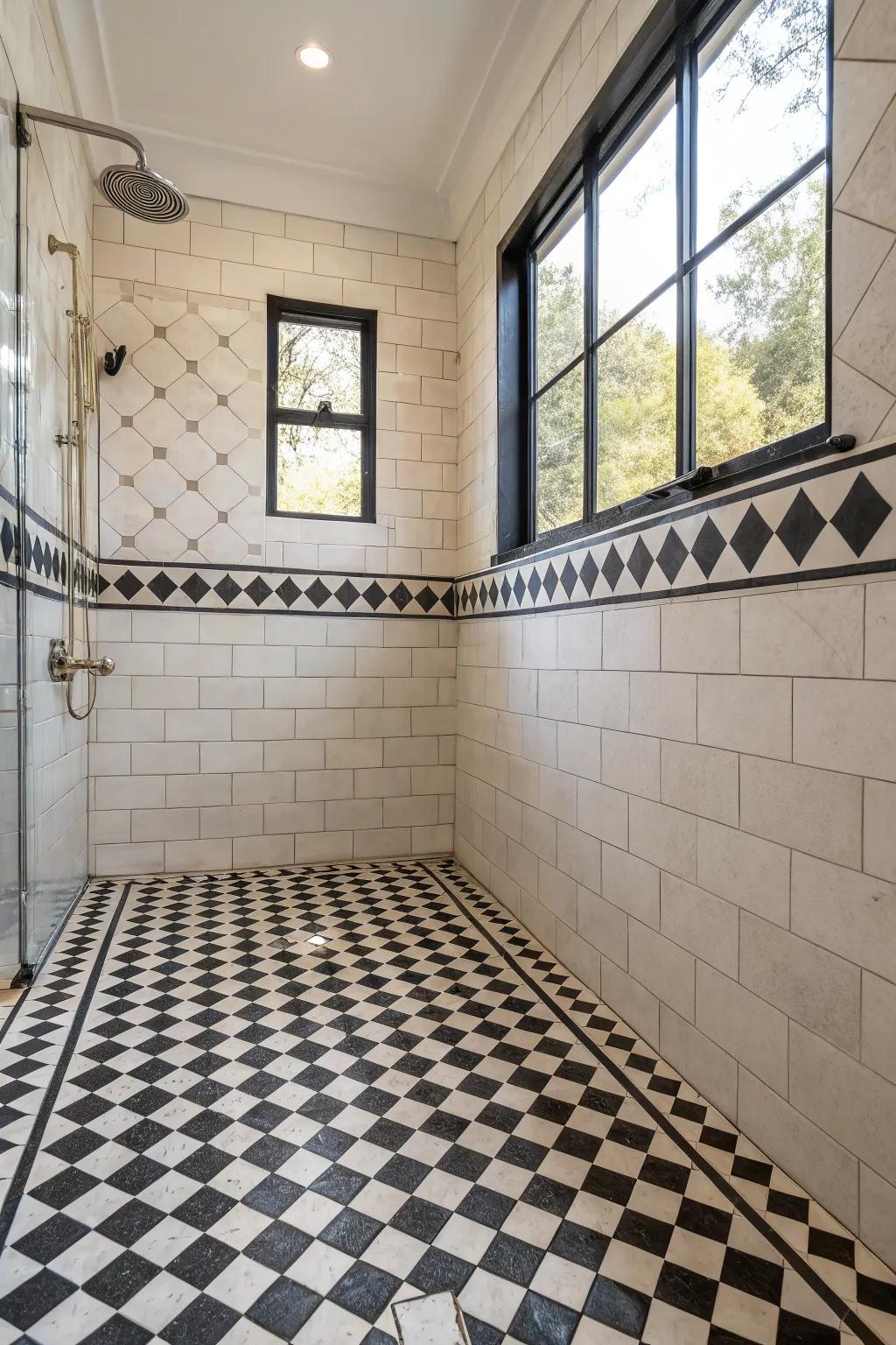 A checkerboard pattern adds a vintage touch to the shower.