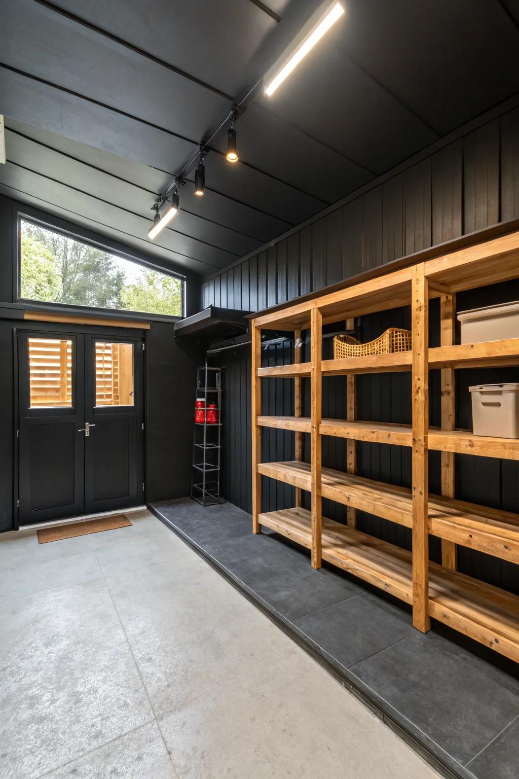 Natural wood elements add warmth to the black garage.