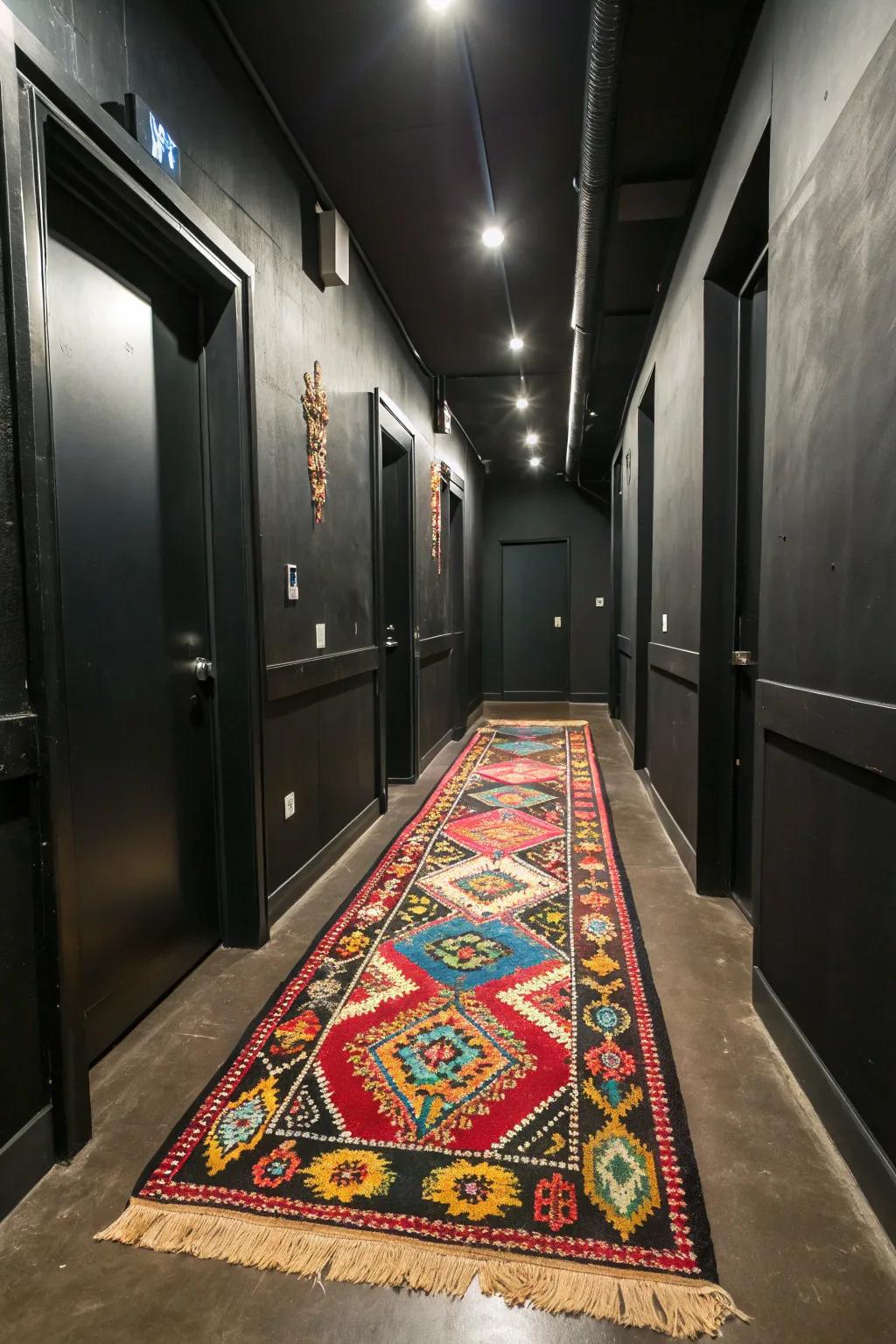 An eclectic rug adds warmth and color to a black hallway.