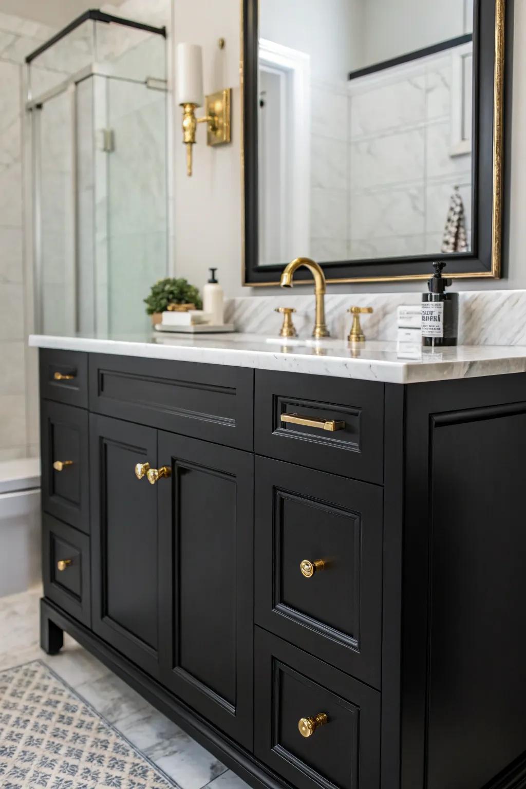 Brass accents elevate a black vanity with a touch of timeless elegance.