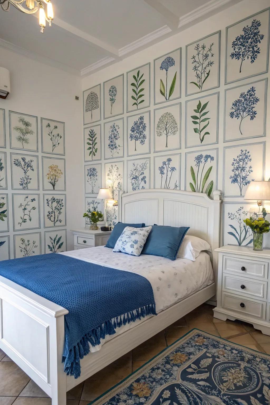 Botanical prints add an organic element to a blue and white bedroom.