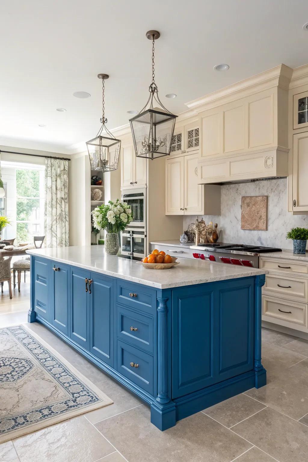 A bold blue kitchen island serves as a striking focal point in a neutral kitchen.