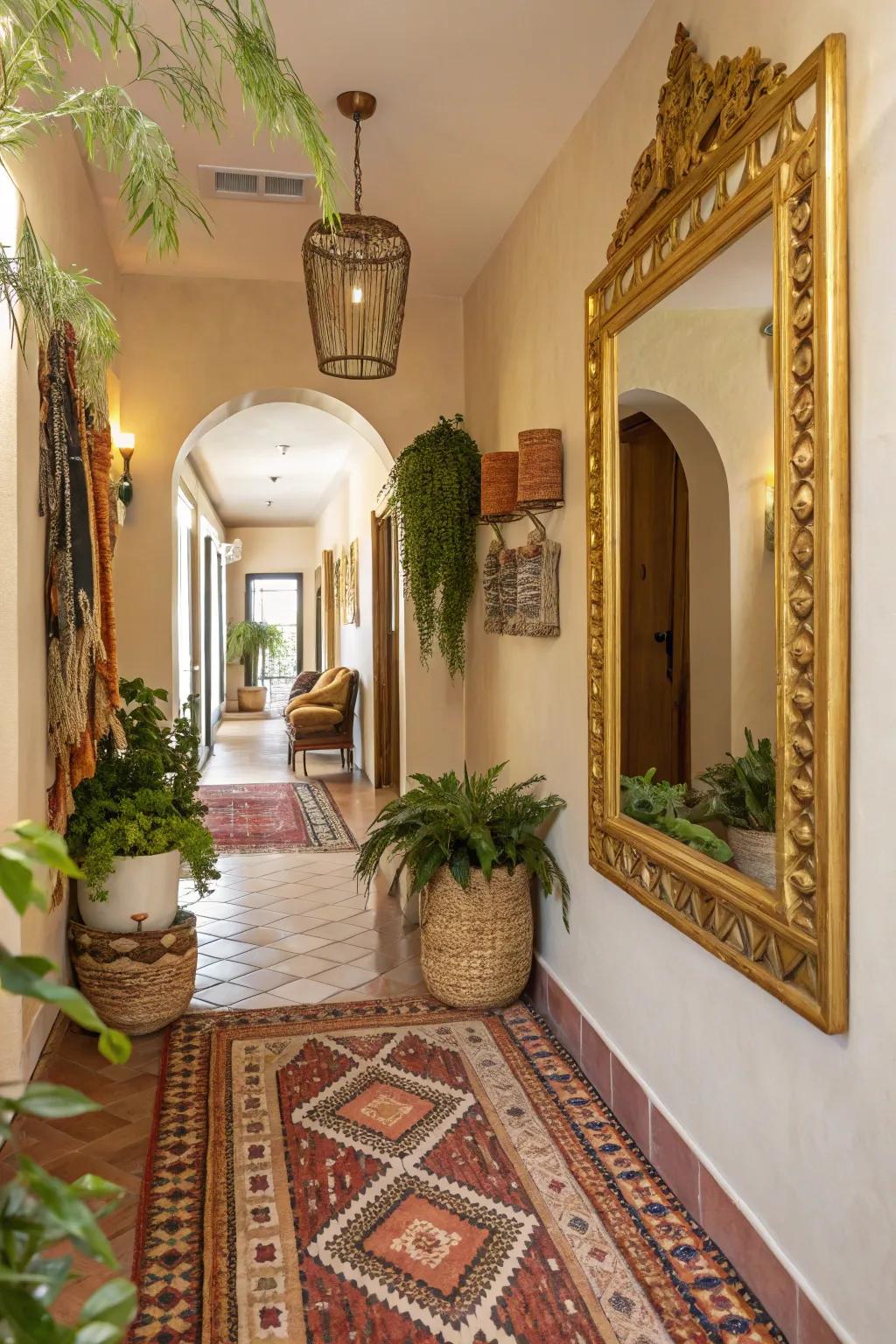 A bohemian hallway with a touch of gold elegance.