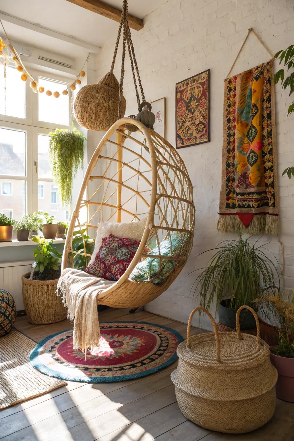 A hanging chair offers a whimsical and relaxing spot in your boho loft.