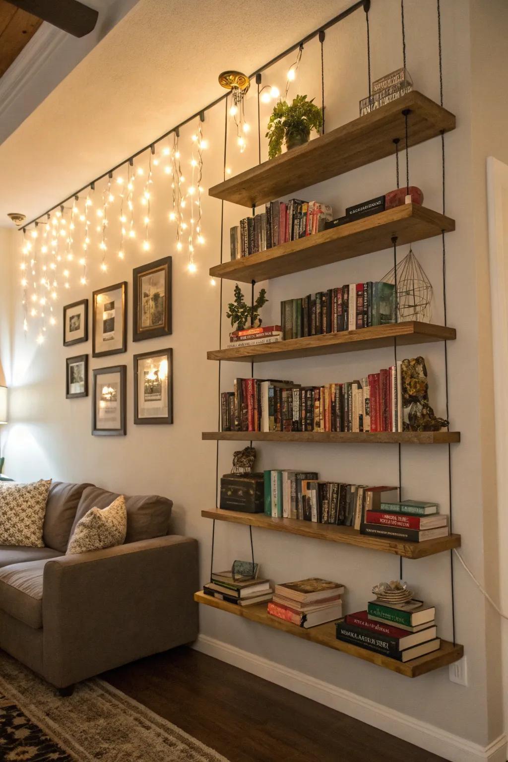 Floating bookshelves for a sleek and modern look.