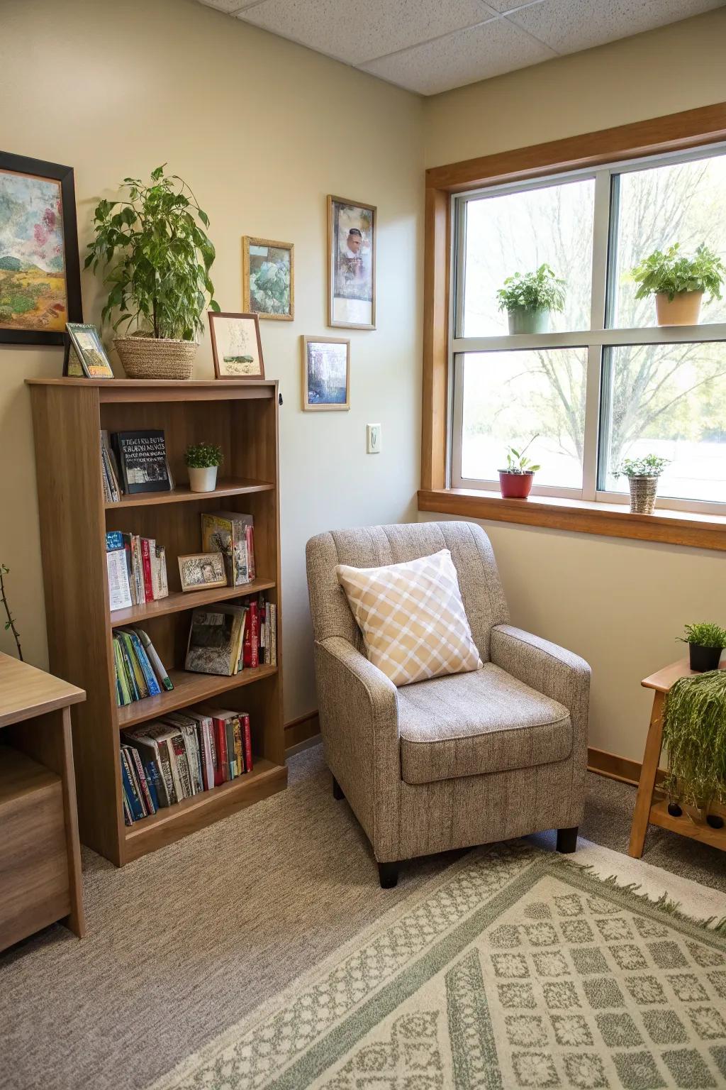 A reading nook offers a peaceful retreat from busy workdays.