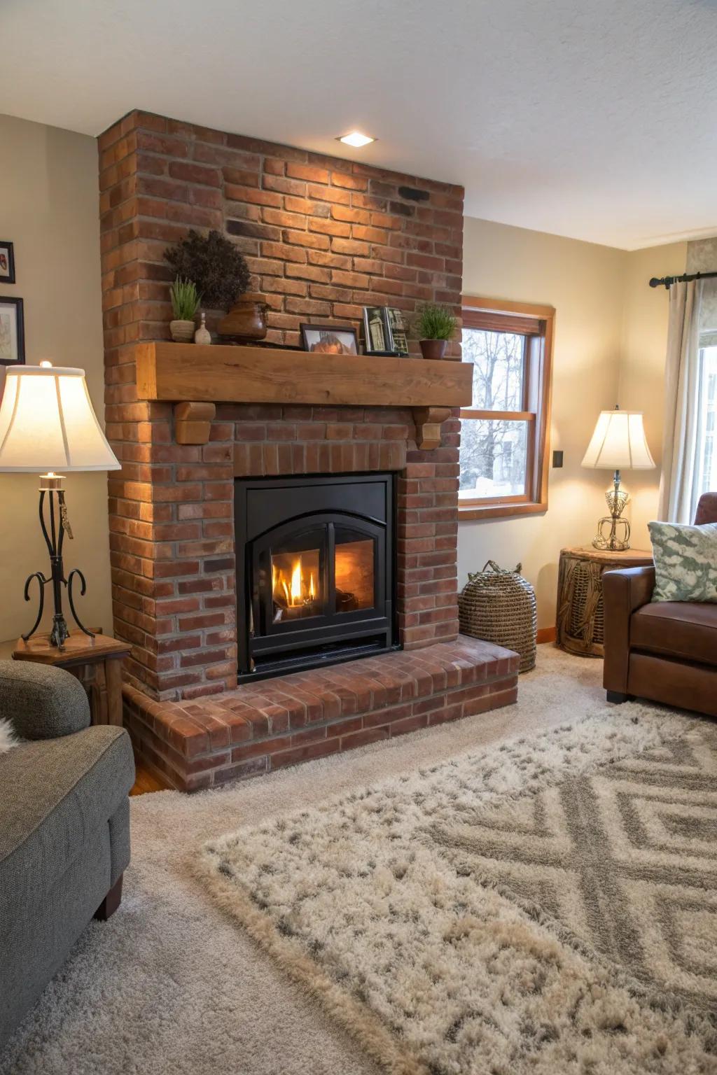 A brick hearth featuring a modern fireplace insert for added comfort.