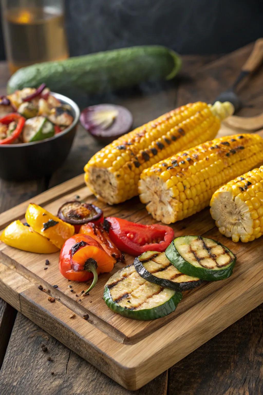 Grilled corn and vegetables add color and flavor.