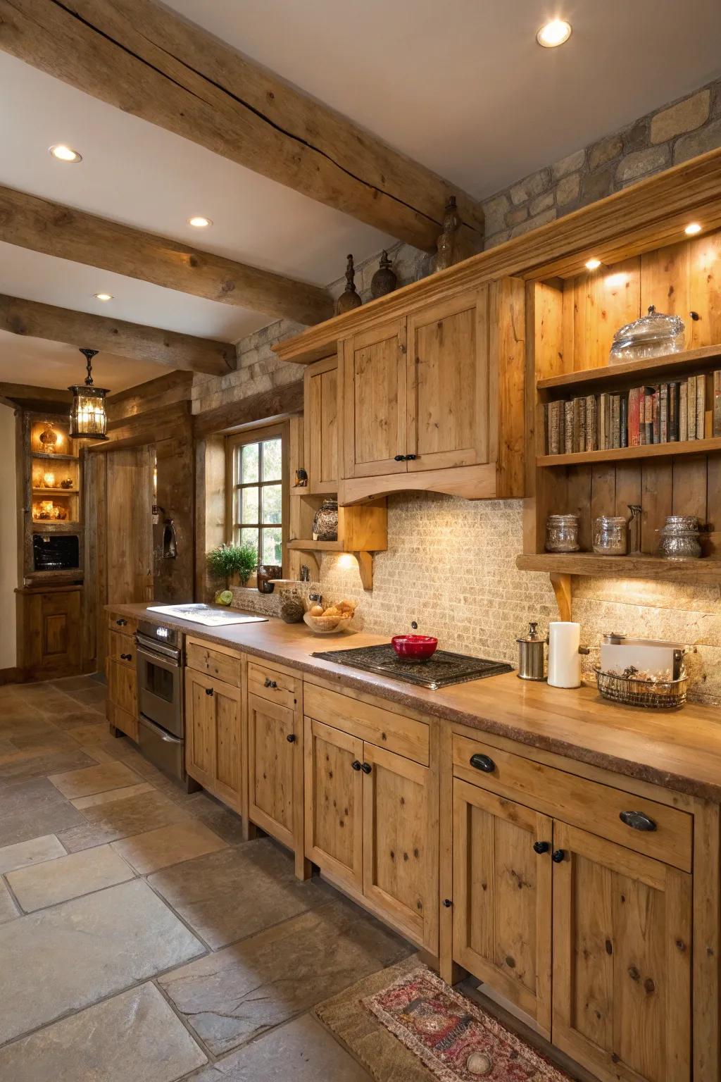 Natural wood grains offer a cozy, rustic charm.