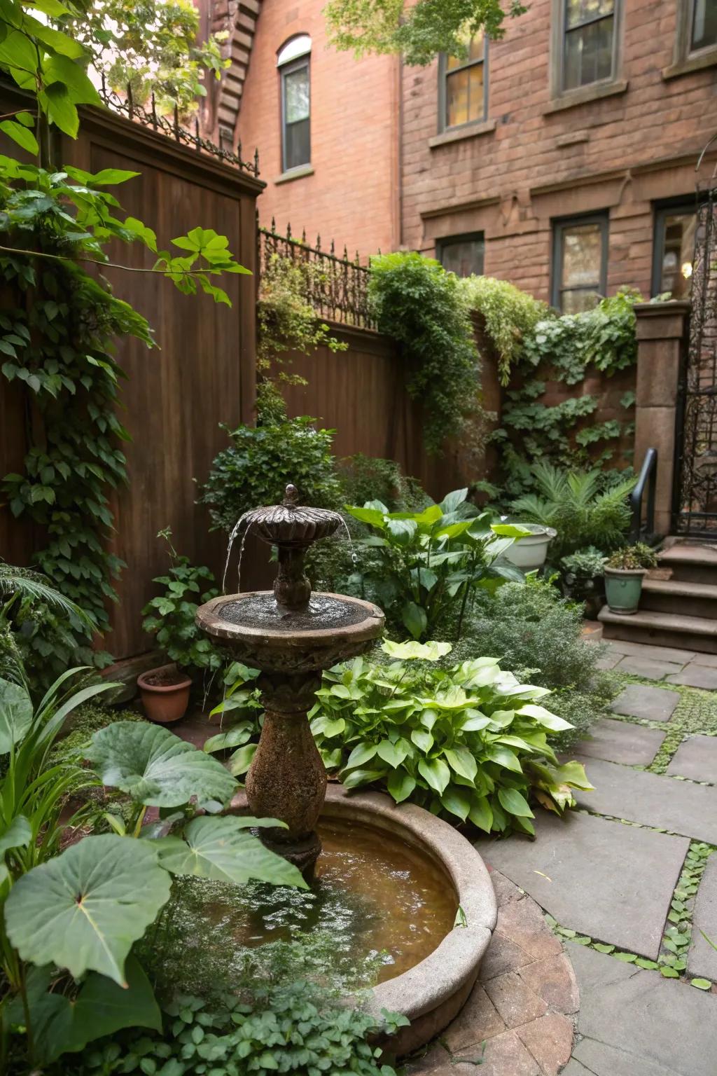 A water feature adds tranquility and charm to the backyard ambiance.