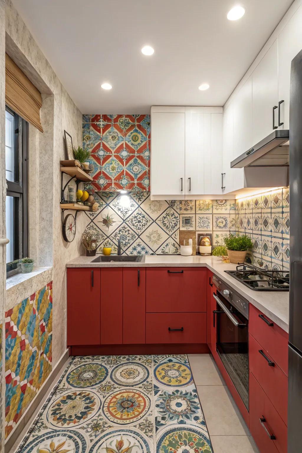 A bold backsplash adds a striking focal point to this kitchen.