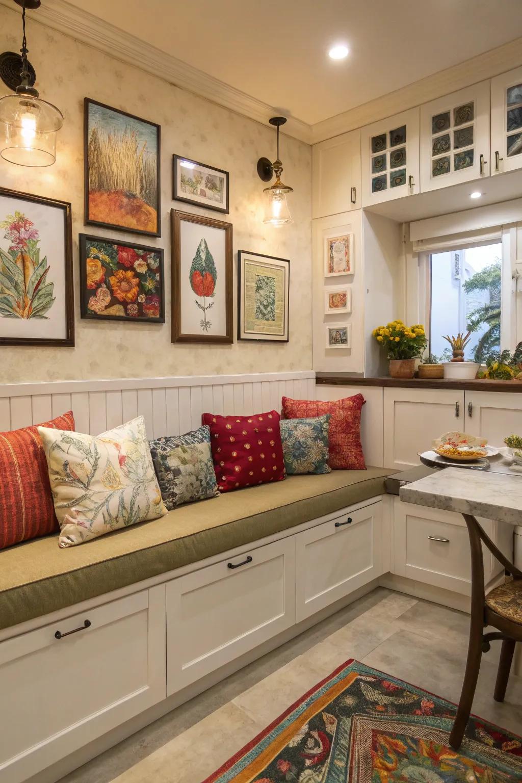 Banquette seating with an artistic touch for a personalized kitchen.