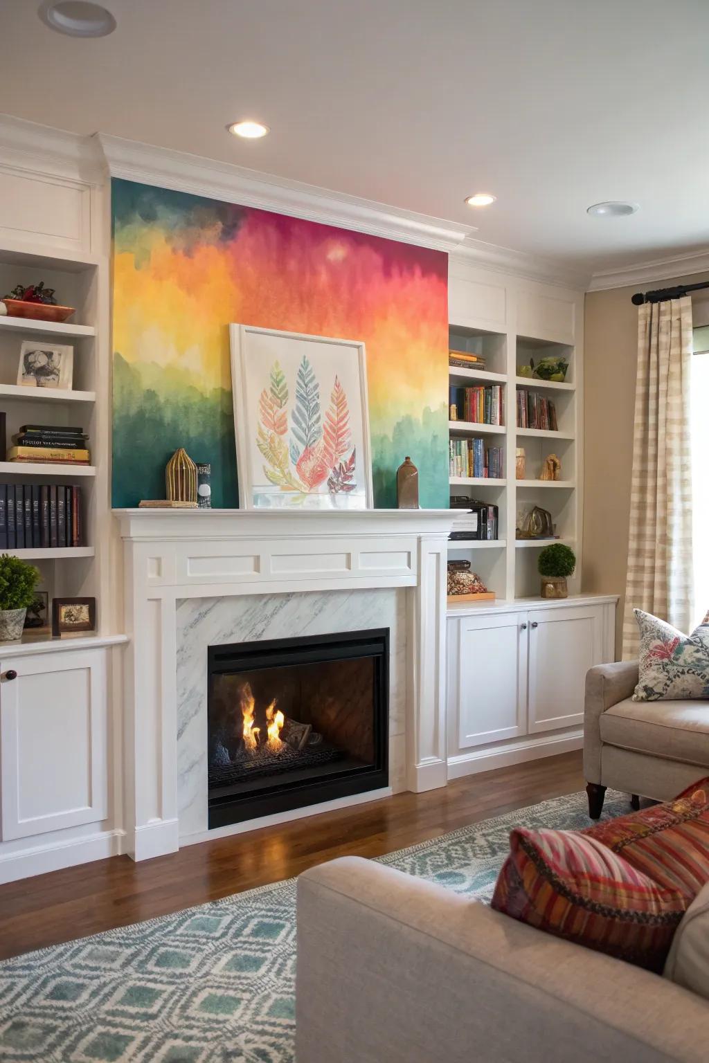 A bold pop of color brings life to fireplace built-ins.