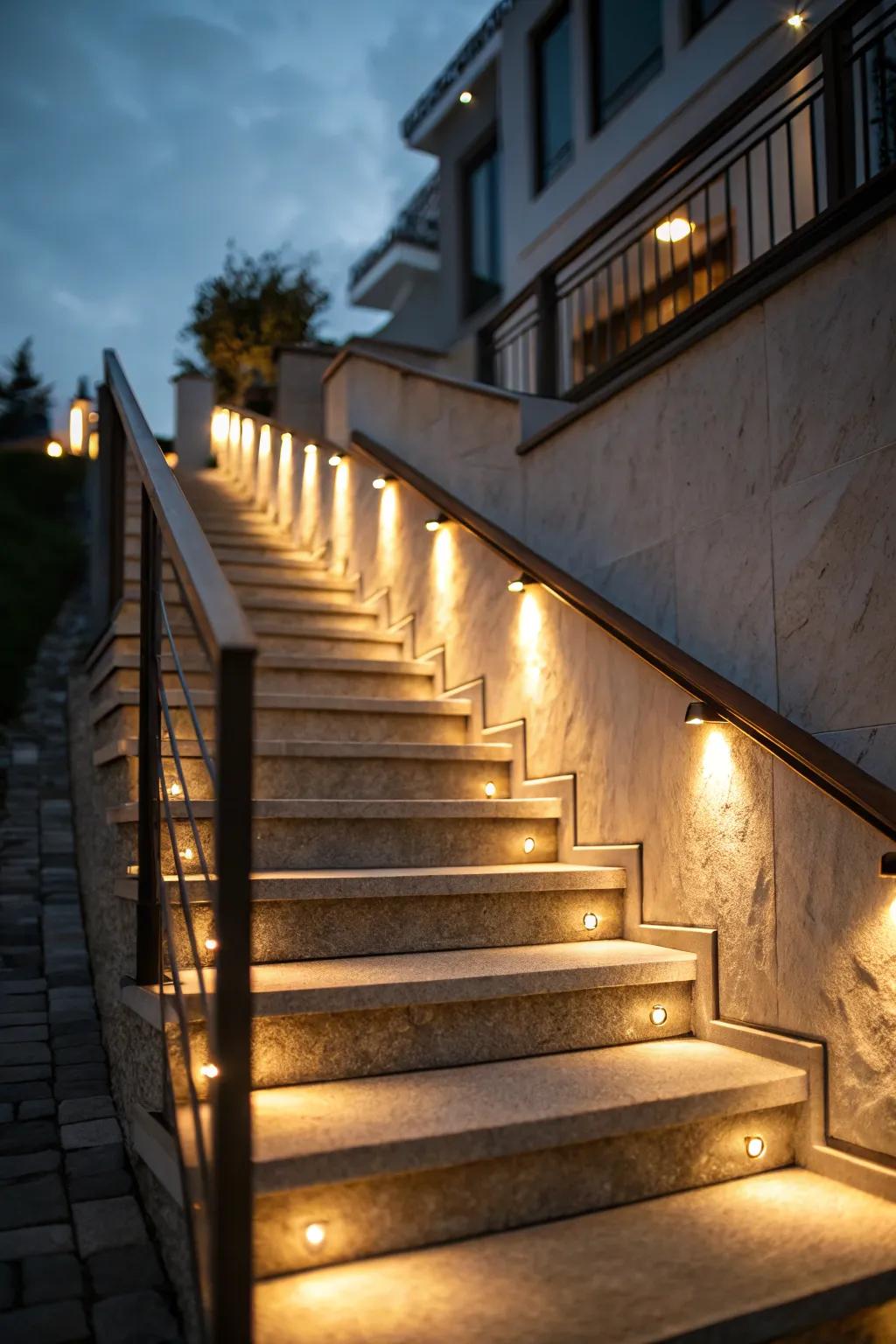 Warm lighting highlights a stair bulkhead feature.