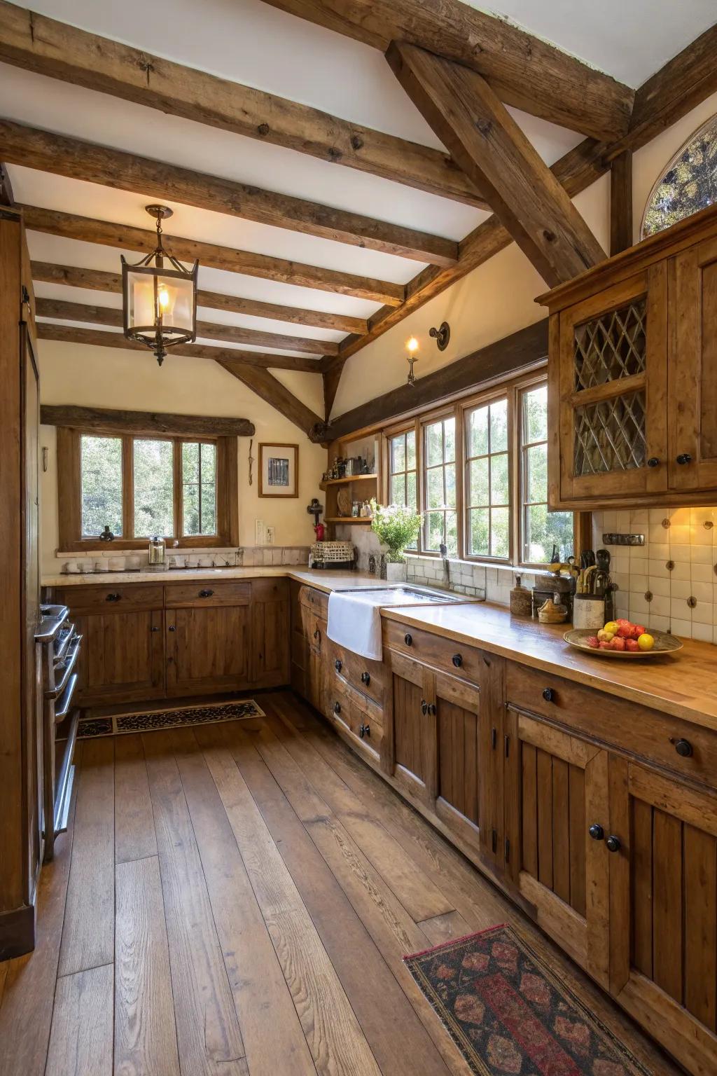 A bungalow kitchen highlighting its unique architectural features.