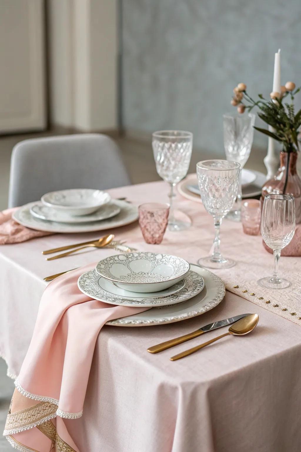 Pastel table linens create a soft, serene setting for the shower.