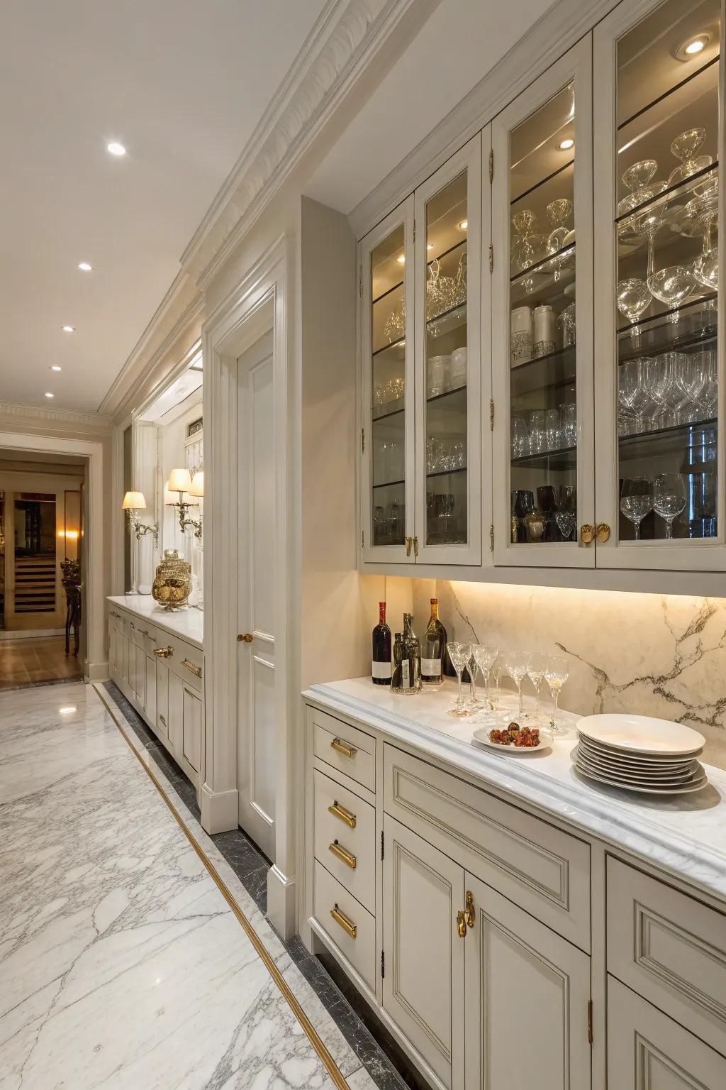 An elegant butler's pantry with luxurious marble countertops for a classic look.