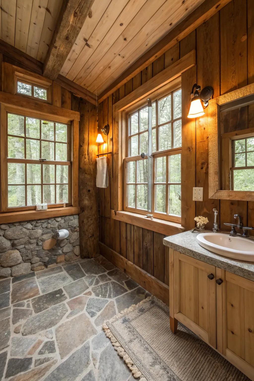 A cabin bathroom featuring repurposed barn windows for a unique touch.