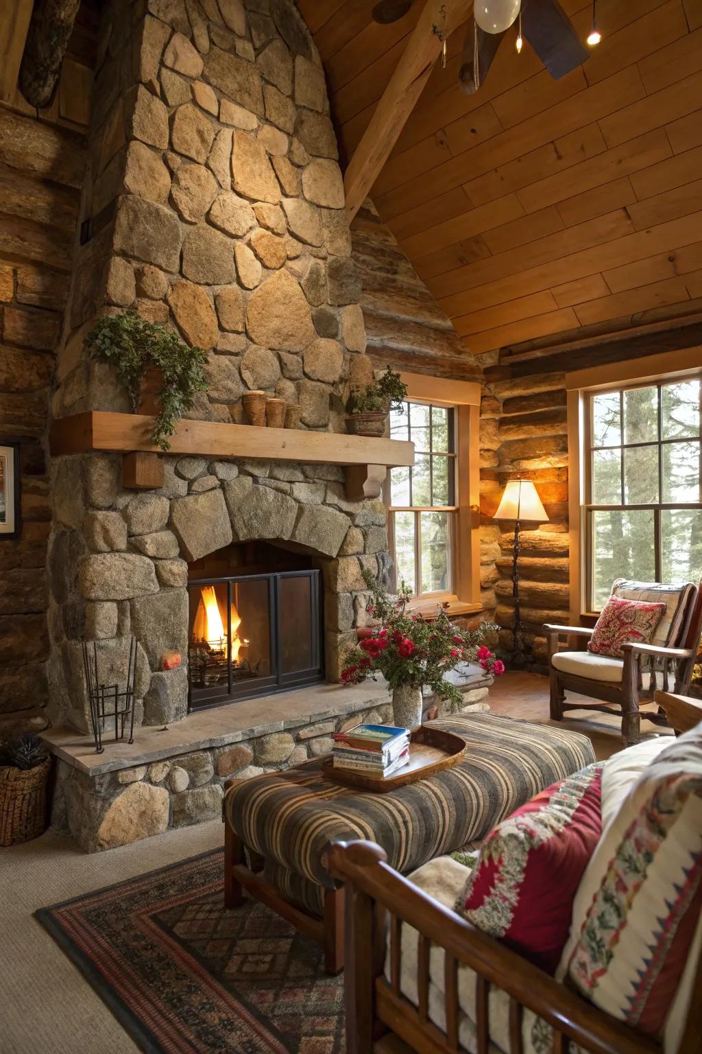 Natural stone accents add texture and earthiness to the cabin.