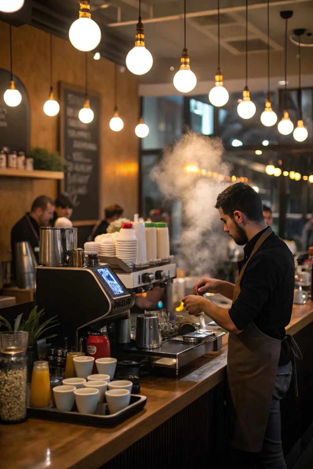 A cafe barista station equipped with bright task lighting for efficiency.