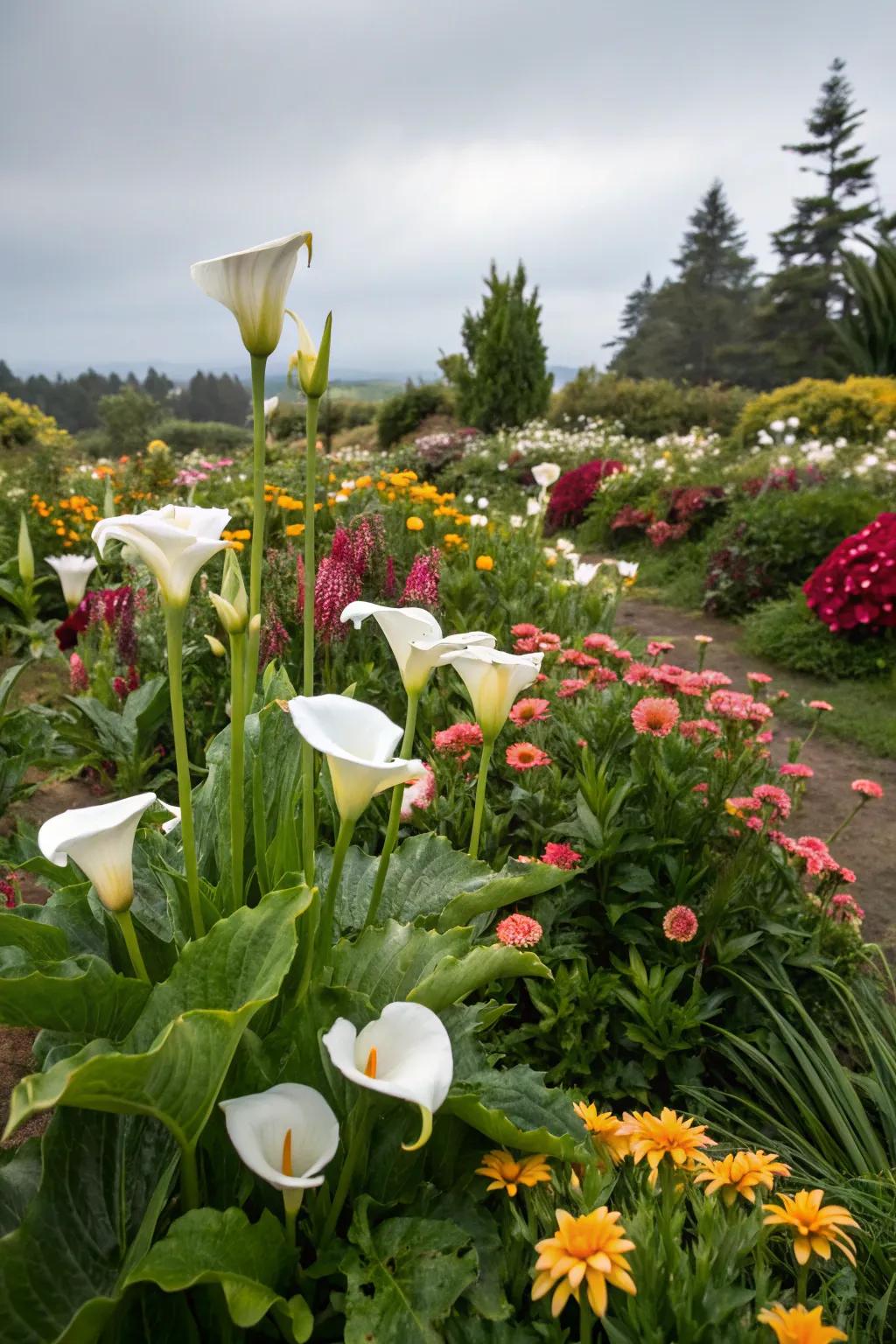 Calla lilies providing continuous color with seasonal flowers.