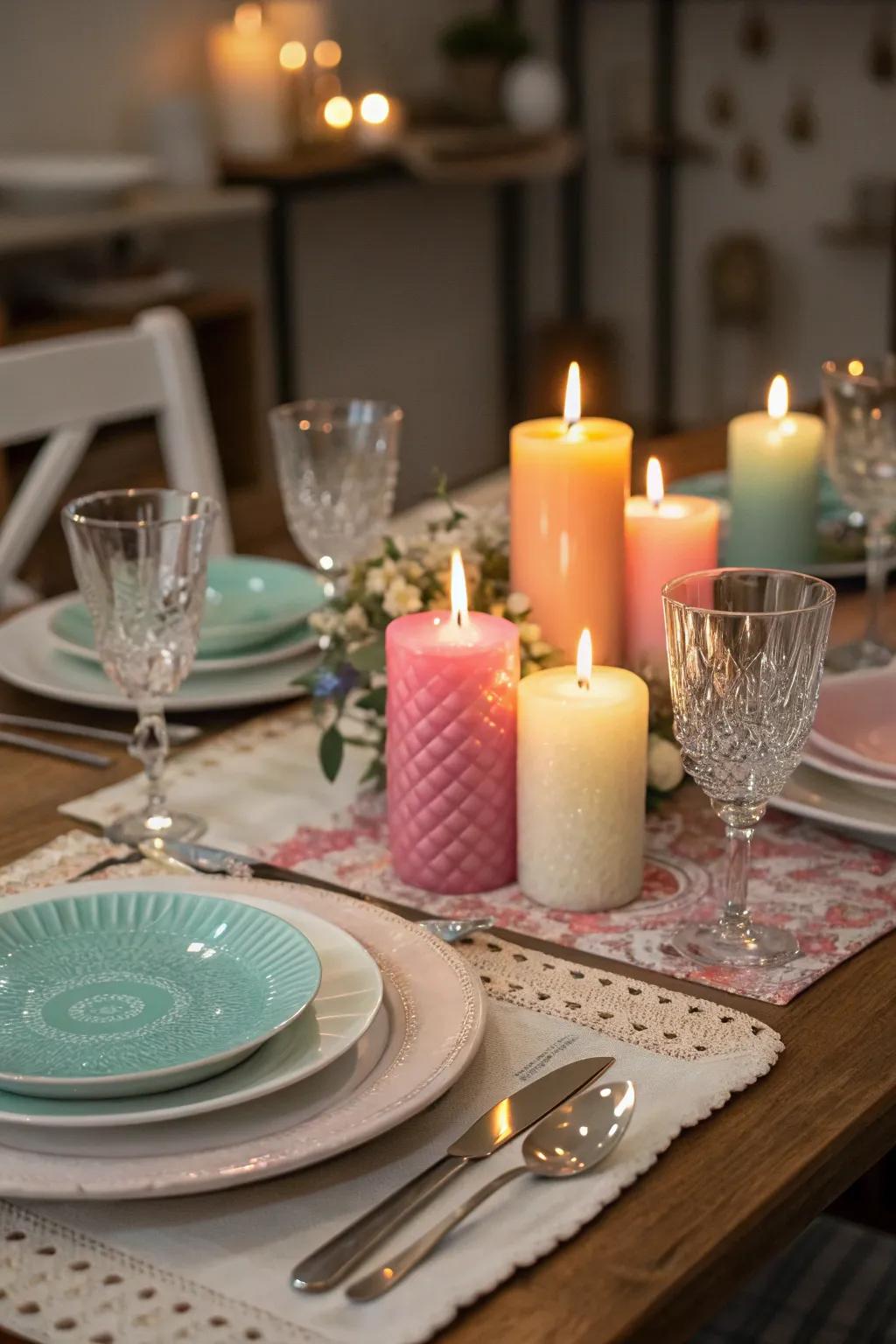 Color-coordinated candles matching the table decor.