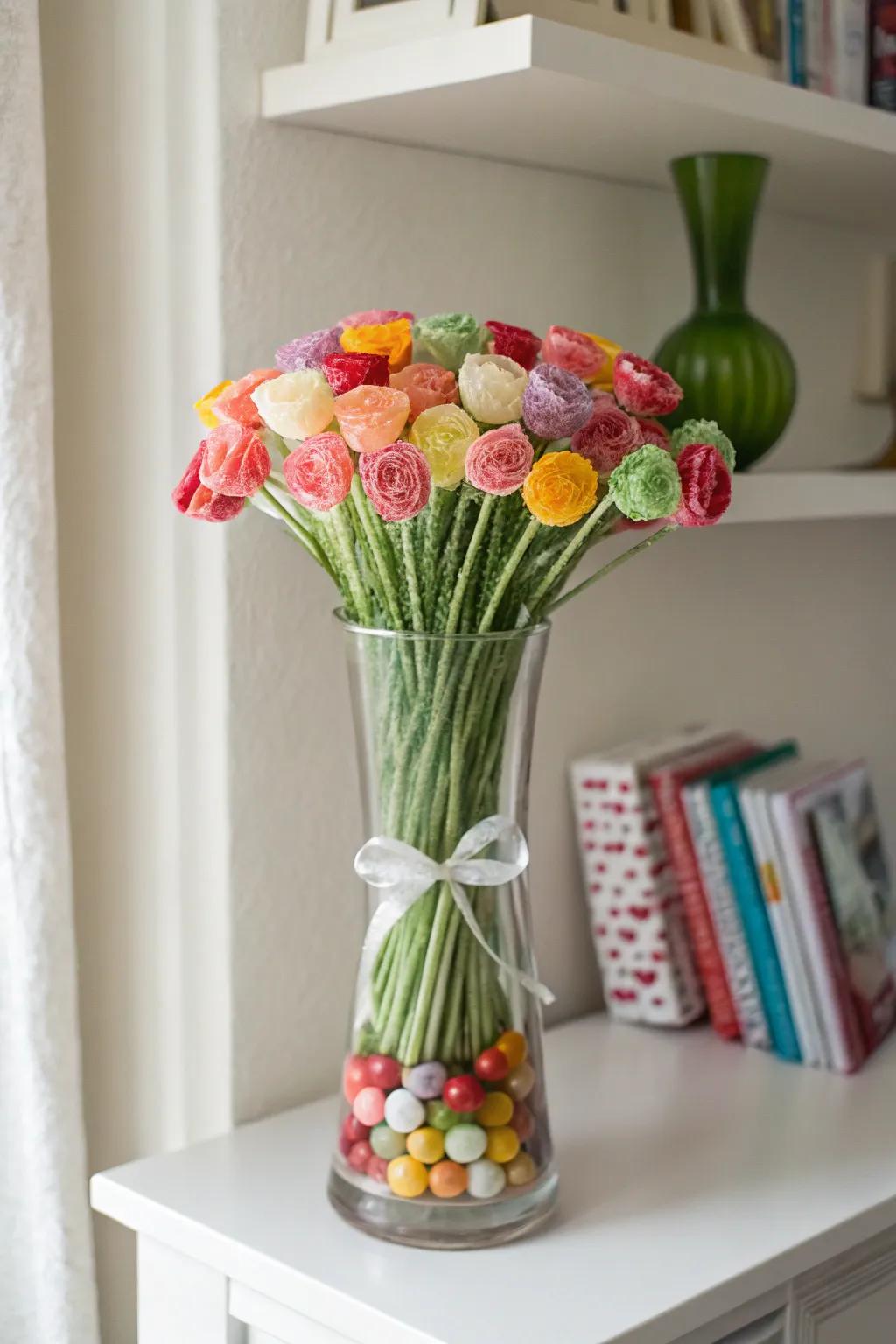 A budget-friendly candy bouquet in a glass vase.